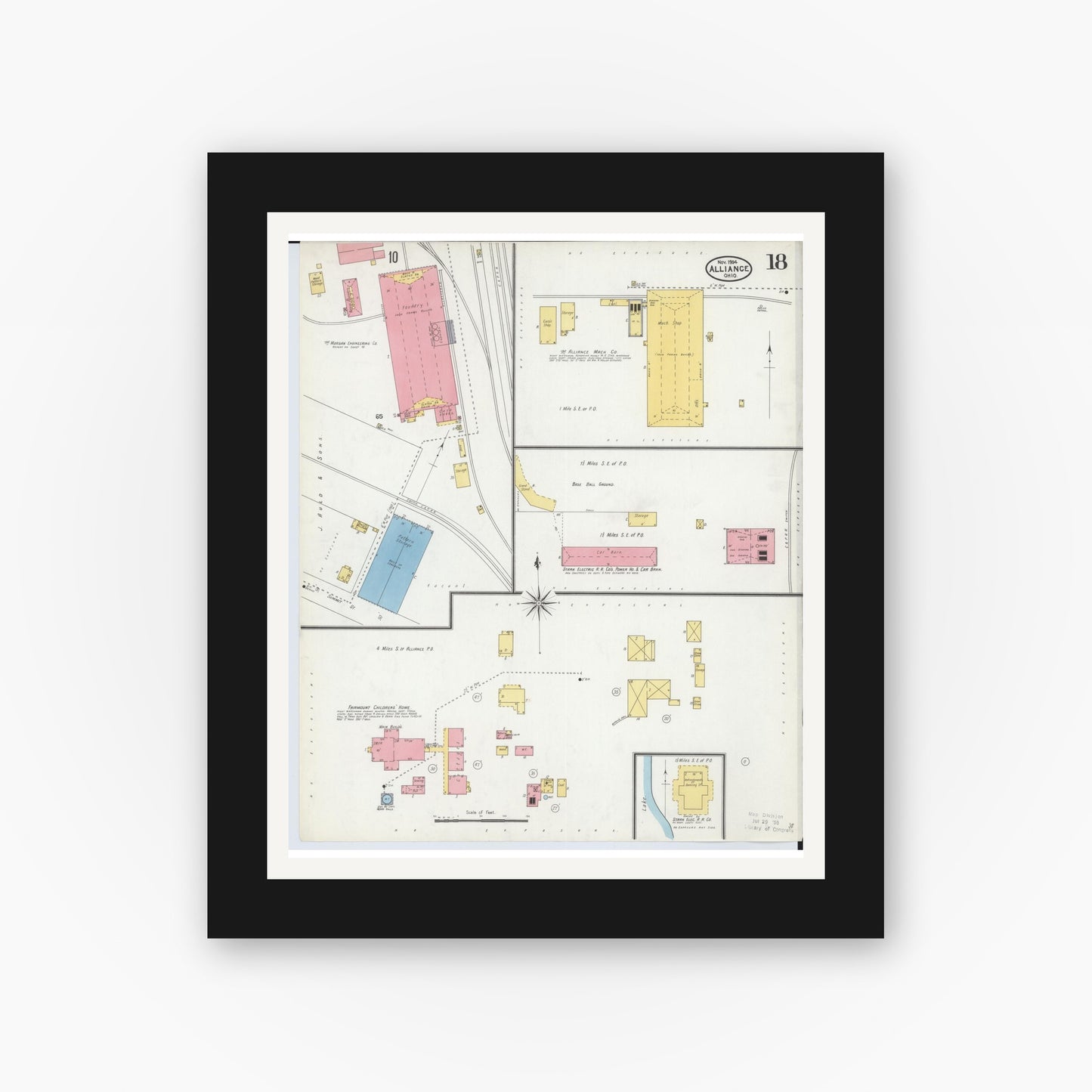 Old map wall art mockup — black gallery frame with white mat — Sanborn Fire Insurance Map from Alliance, Stark County, Ohio (1904), Sheet #0018