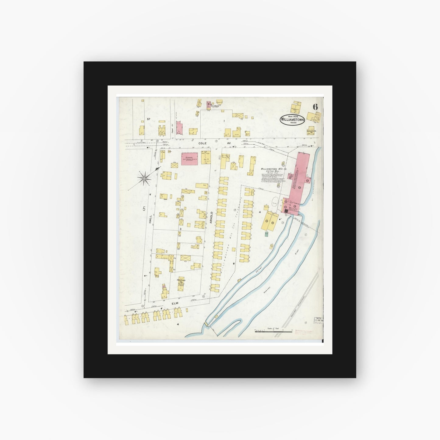 Old map wall art mockup — black gallery frame with white mat — Sanborn Fire Insurance Map from Williamstown, Berkshire County, Massachusetts (1908), Sheet #0006