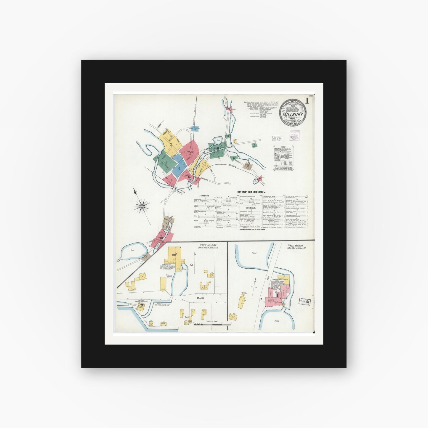 Old map wall art mockup — black gallery frame with white mat — Sanborn Fire Insurance Map from Millbury, Worcester County, Massachusetts (1904), Sheet #0001