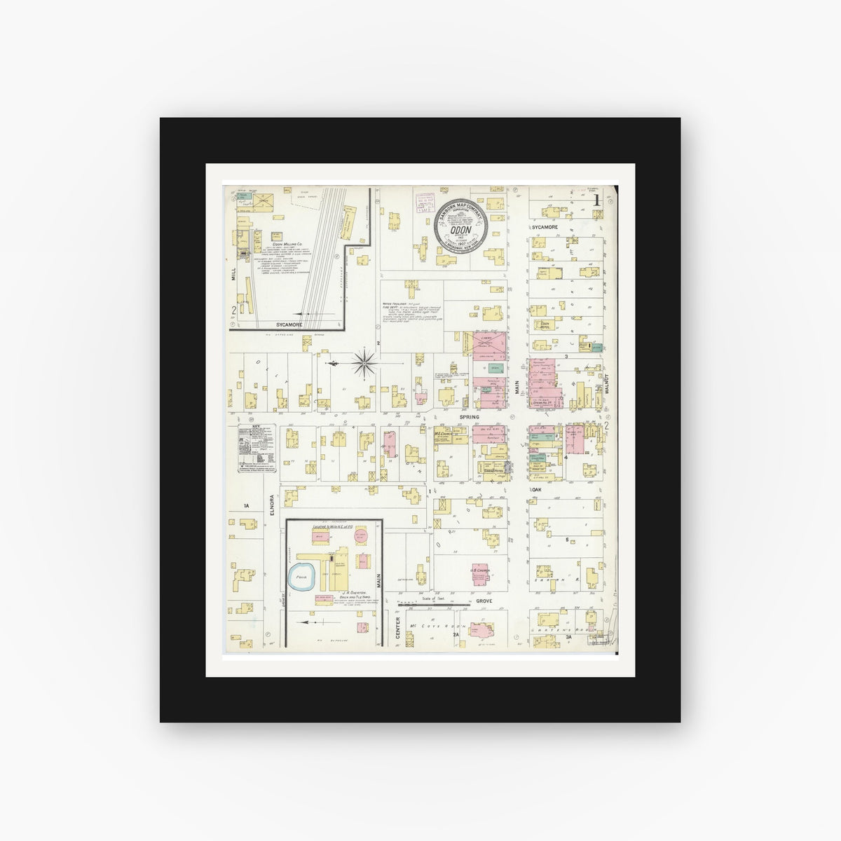Old map wall art mockup — black gallery frame with white mat — Sanborn Fire Insurance Map from Odon, Daviess County, Indiana (1907), Sheet #0001