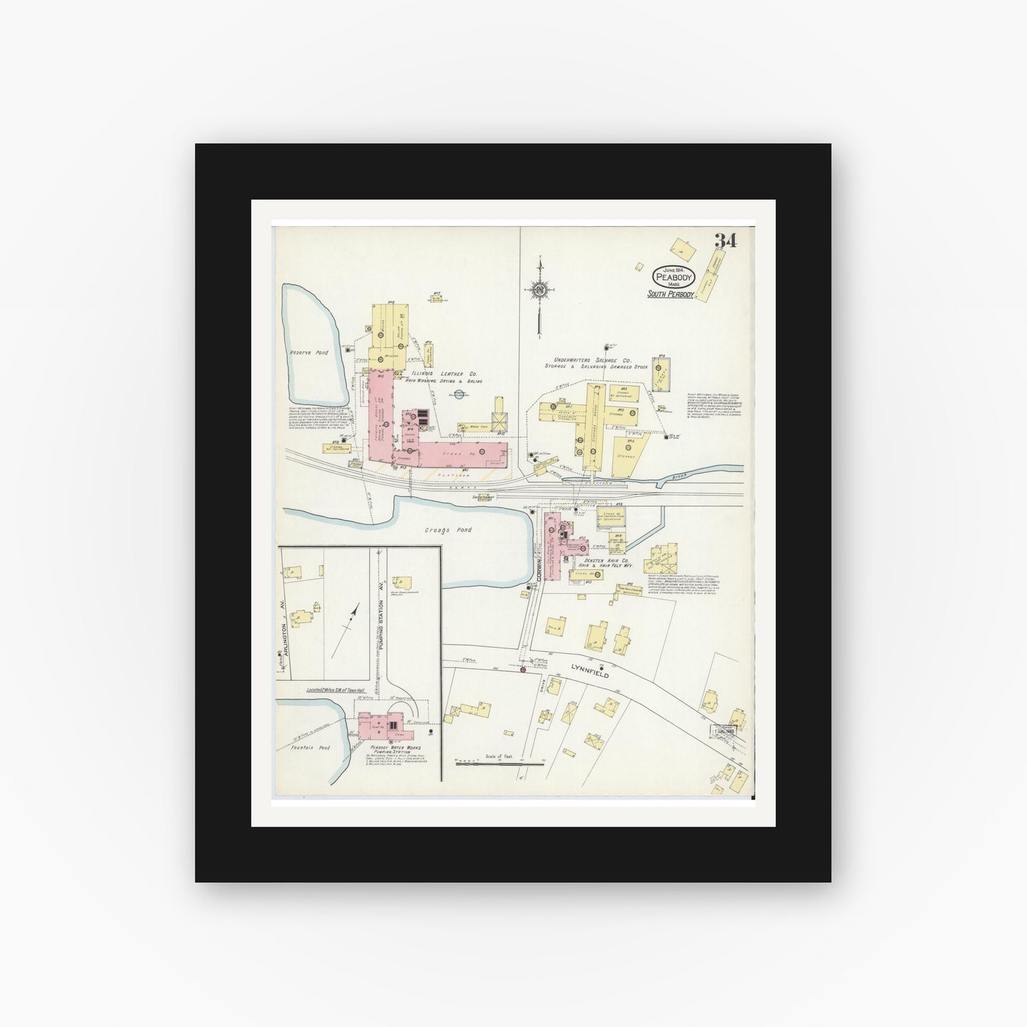Old map wall art mockup — black gallery frame with white mat — Sanborn Fire Insurance Map from Peabody, Essex County, Massachusetts (1914), Sheet #0034
