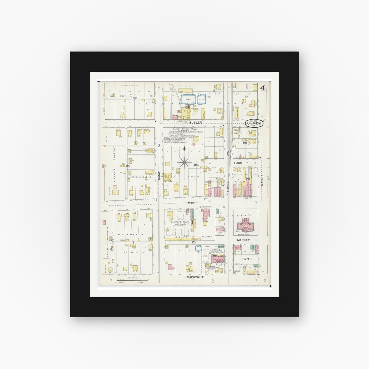 Old map wall art mockup — black gallery frame with white mat — Sanborn Fire Insurance Map from Olney, Richland County, Illinois (1892), Sheet #0004