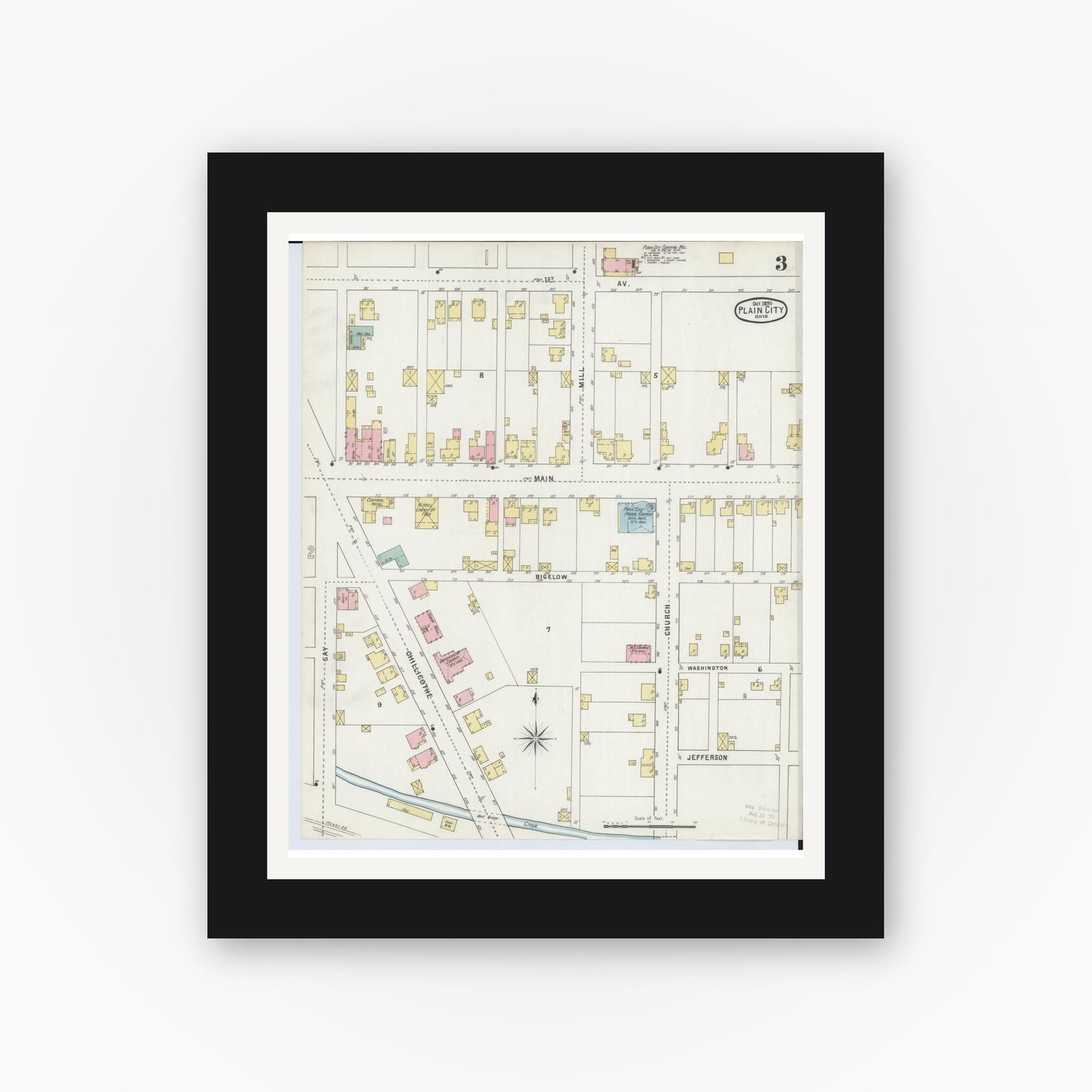 Old map wall art mockup — black gallery frame with white mat — Sanborn Fire Insurance Map from Plain City, Madison And Union Counties, Ohio (1895), Sheet #0003
