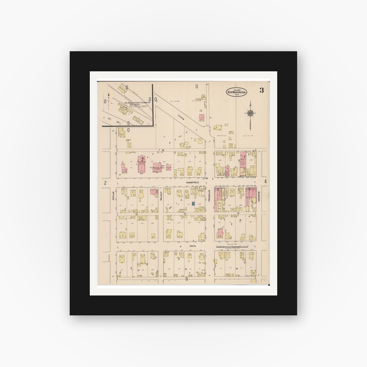 Old map wall art mockup — black gallery frame with white mat — Sanborn Fire Insurance Map from New Washington, Crawford County, Ohio (1922), Sheet #0003
