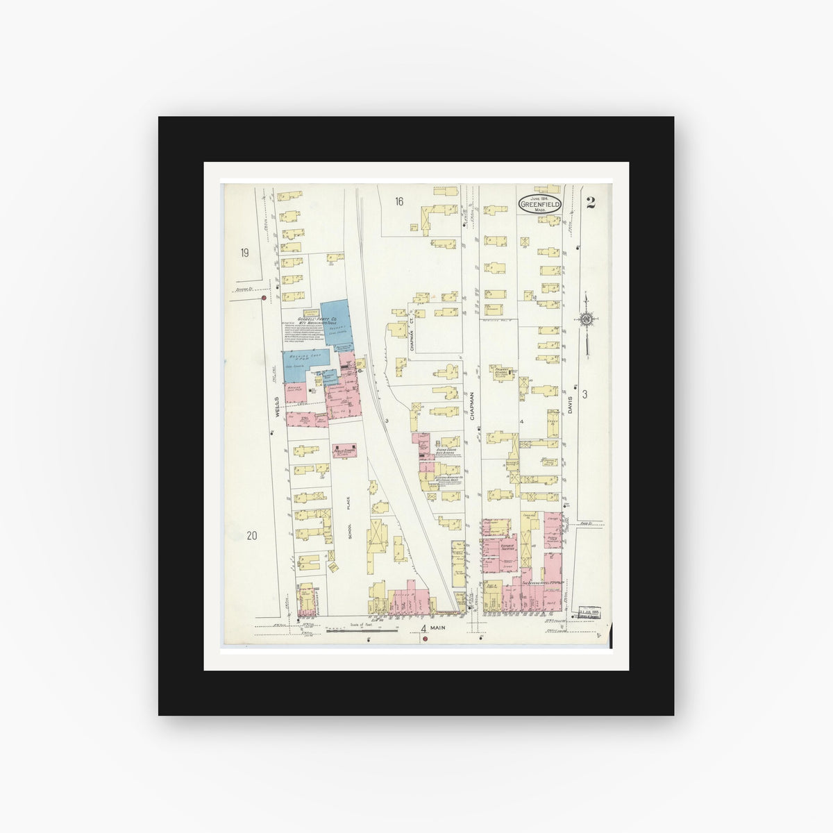 Old map wall art mockup — black gallery frame with white mat — Sanborn Fire Insurance Map from Greenfield, Franklin County, Massachusetts (1914), Sheet #0002