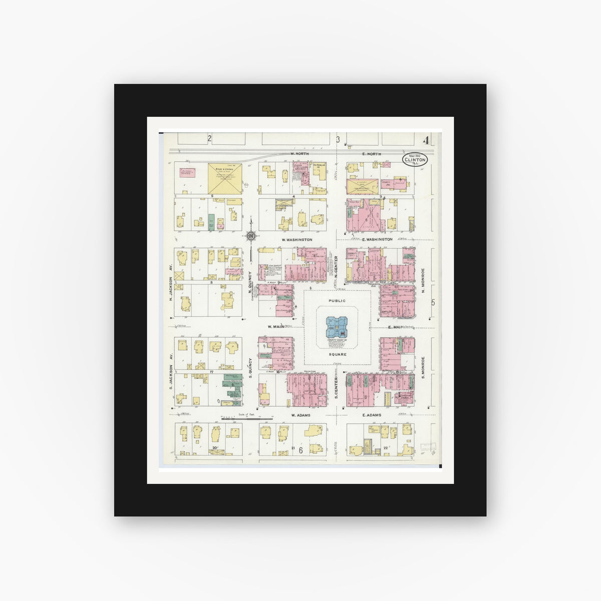 Old map wall art mockup — black gallery frame with white mat — Sanborn Fire Insurance Map from Clinton, De Witt County, Illinois (1910), Sheet #0004