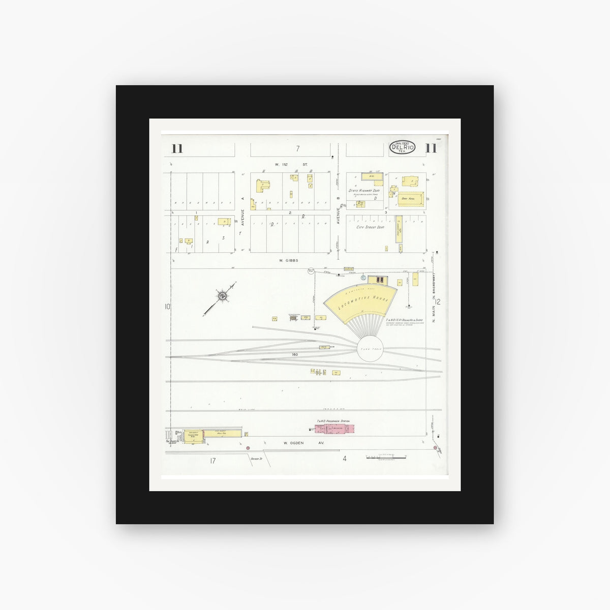 Old map wall art mockup — black gallery frame with white mat — Sanborn Fire Insurance Map from Del Rio, Val Verde County, Texas (1930), Sheet #0011