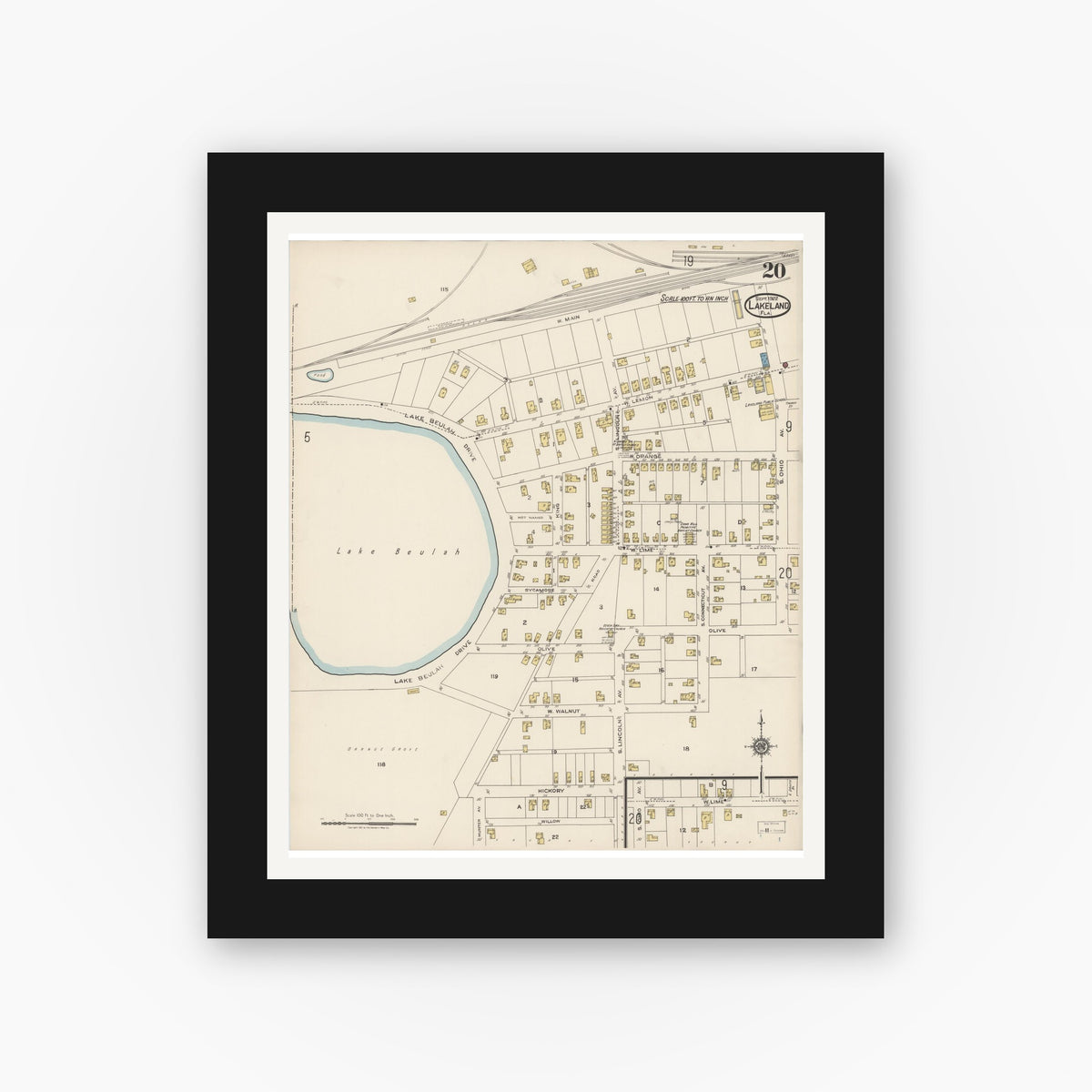 Old map wall art mockup — black gallery frame with white mat — Sanborn Fire Insurance Map from Lakeland, Polk County, Florida (1922), Sheet #0020