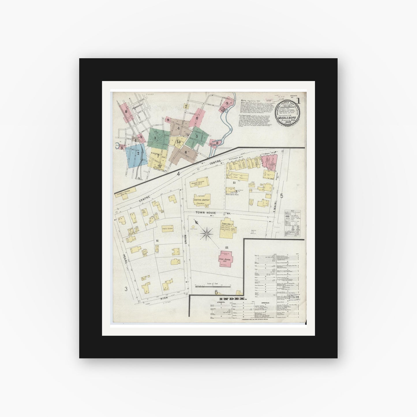 Old map wall art mockup — black gallery frame with white mat — Sanborn Fire Insurance Map from Middleboro, Plymouth County, Massachusetts (1896) - Complete Map Set