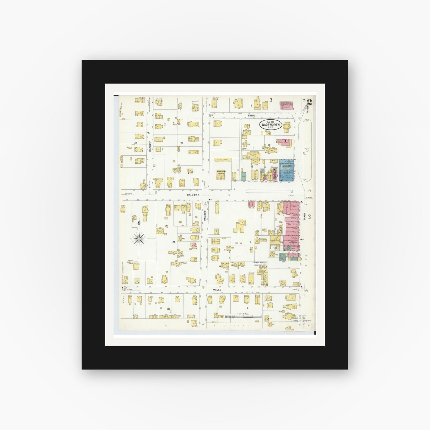 Old map wall art mockup — black gallery frame with white mat — Sanborn Fire Insurance Map from Wadsworth, Medina County, Ohio (1908), Sheet #0002
