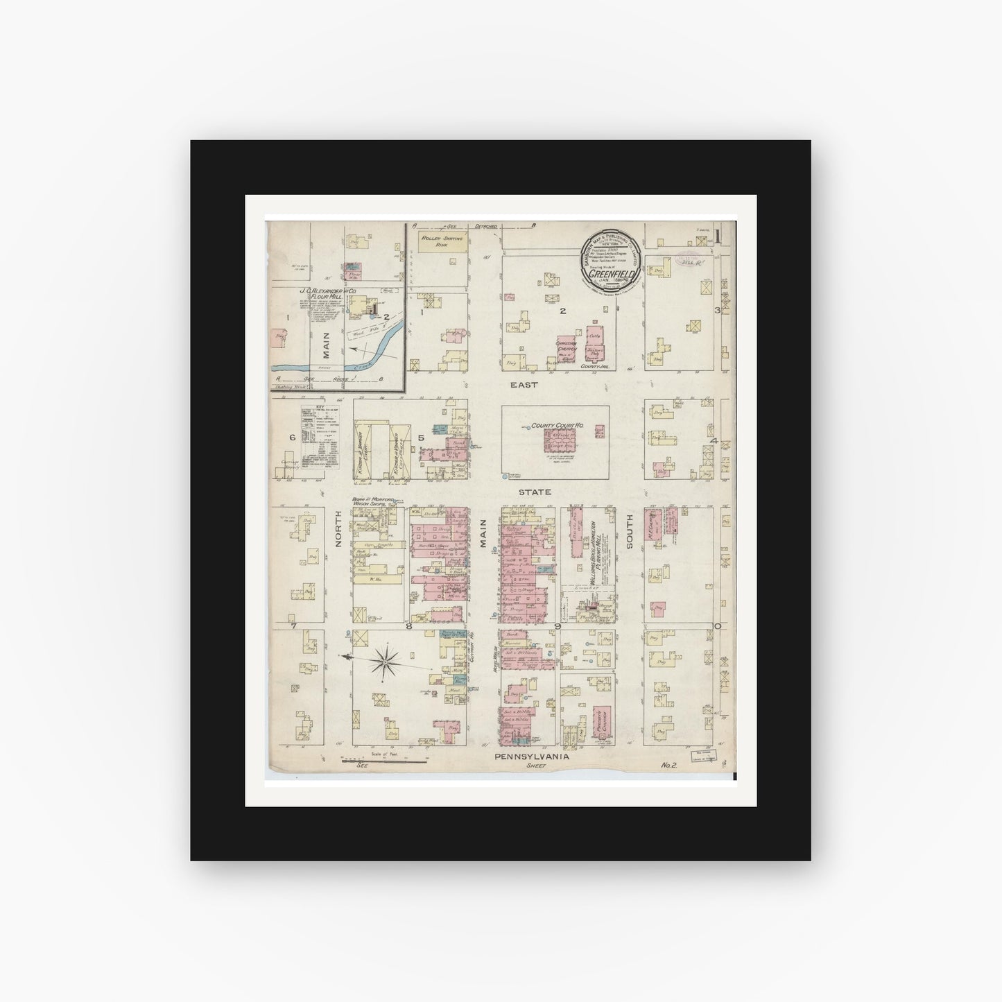 Old map wall art mockup — black gallery frame with white mat — Sanborn Fire Insurance Map from Greenfield, Hancock County, Indiana (1886) - Complete Map Set