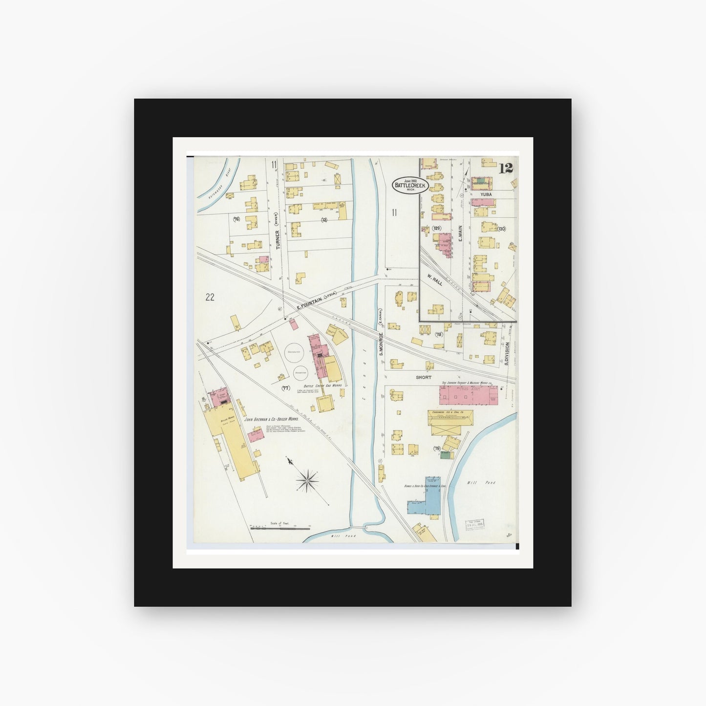 Old map wall art mockup — black gallery frame with white mat — Sanborn Fire Insurance Map from Battle Creek, Calhoun County, Michigan (1902), Sheet #0012