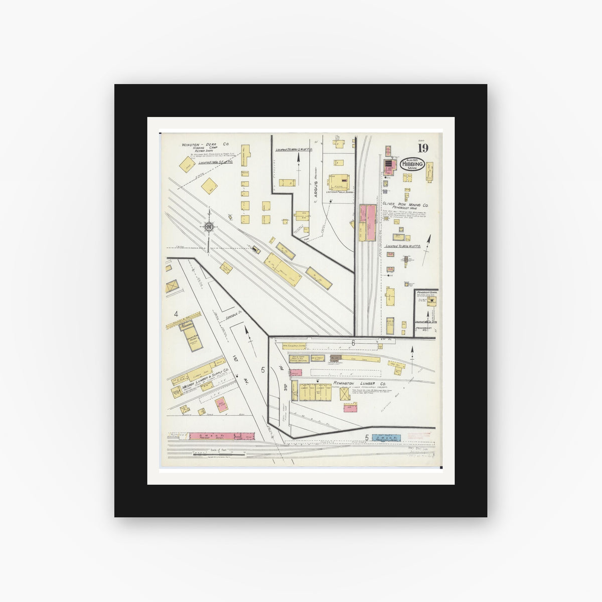 Old map wall art mockup — black gallery frame with white mat — Sanborn Fire Insurance Map from Hibbing, Saint Louis County, Minnesota (1921), Sheet #0019