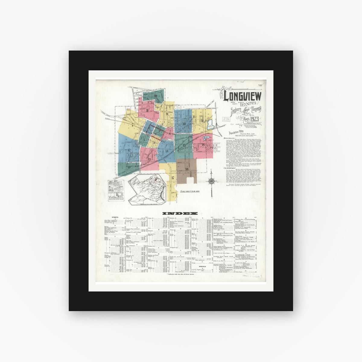 Old map wall art mockup — black gallery frame with white mat — Sanborn Fire Insurance Map from Longview, Gregg County, Texas (1923), Sheet #0001