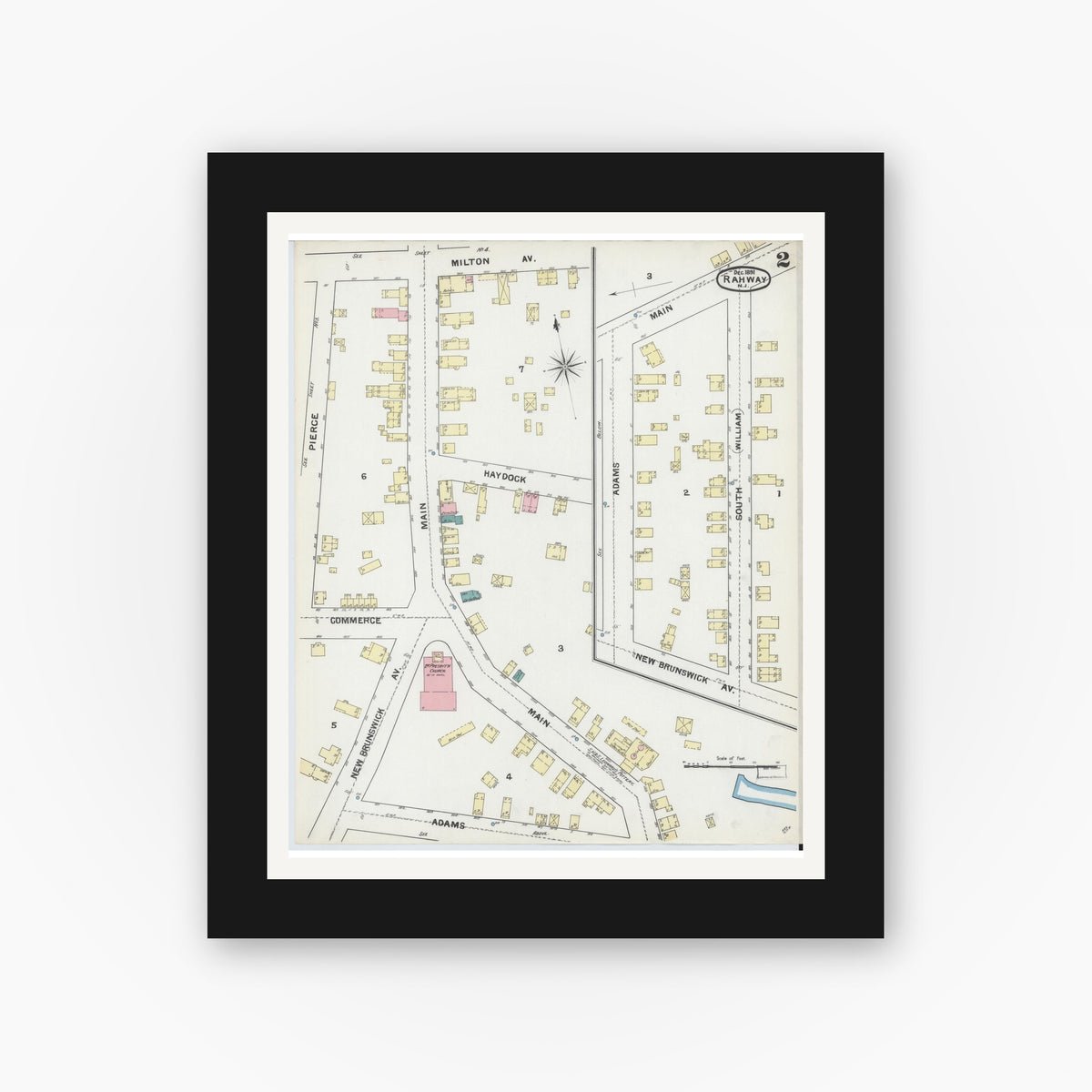 Old map wall art mockup — black gallery frame with white mat — Sanborn Fire Insurance Map from Rahway, Union County, New Jersey (1891) - Complete Map Set