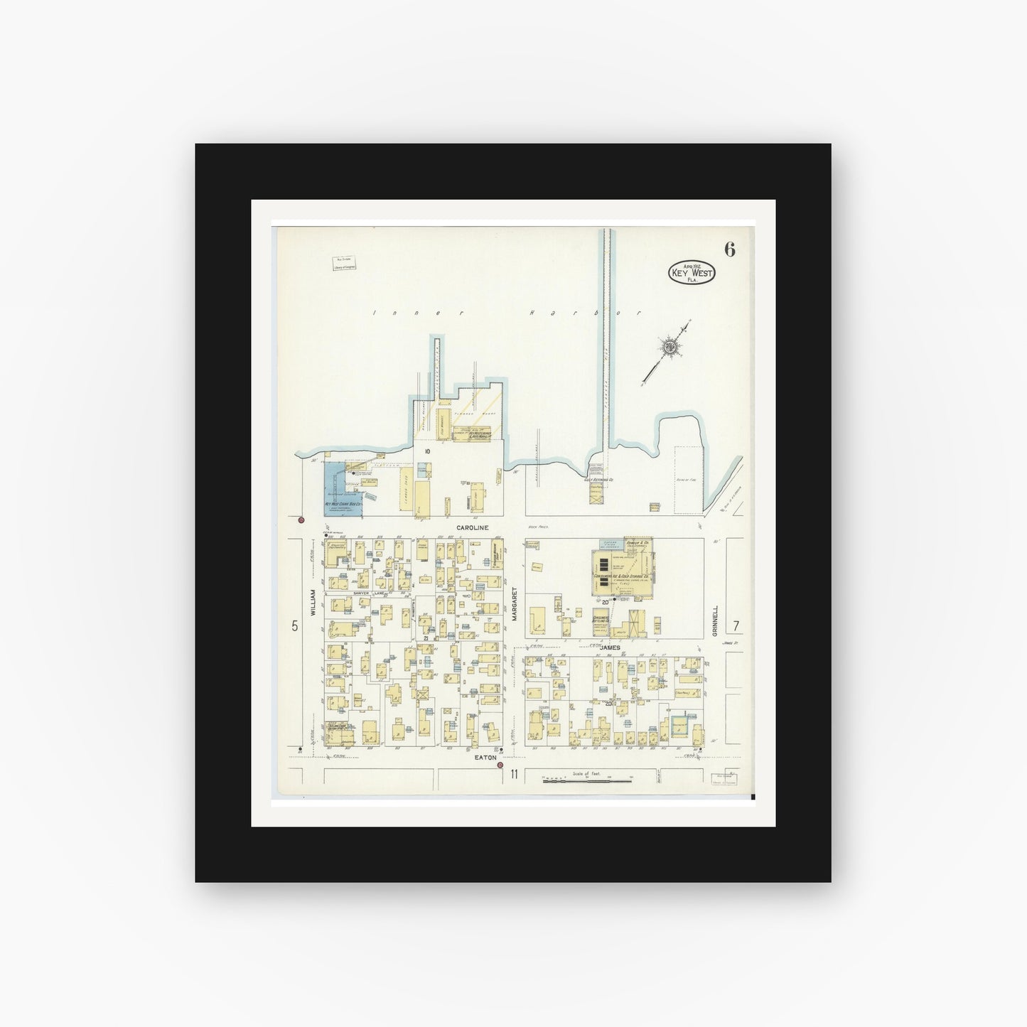 Old map wall art mockup — black gallery frame with white mat — Sanborn Fire Insurance Map from Key West, Monroe County, Florida (1912), Sheet #0006