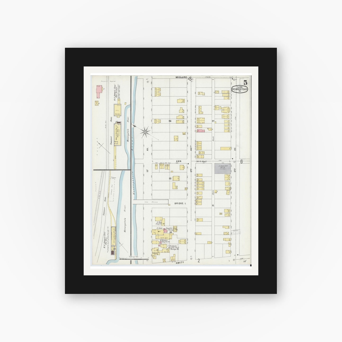 Old map wall art mockup — black gallery frame with white mat — Sanborn Fire Insurance Map from Homestead, Allegheny County, Pennsylvania (1896), Sheet #0005