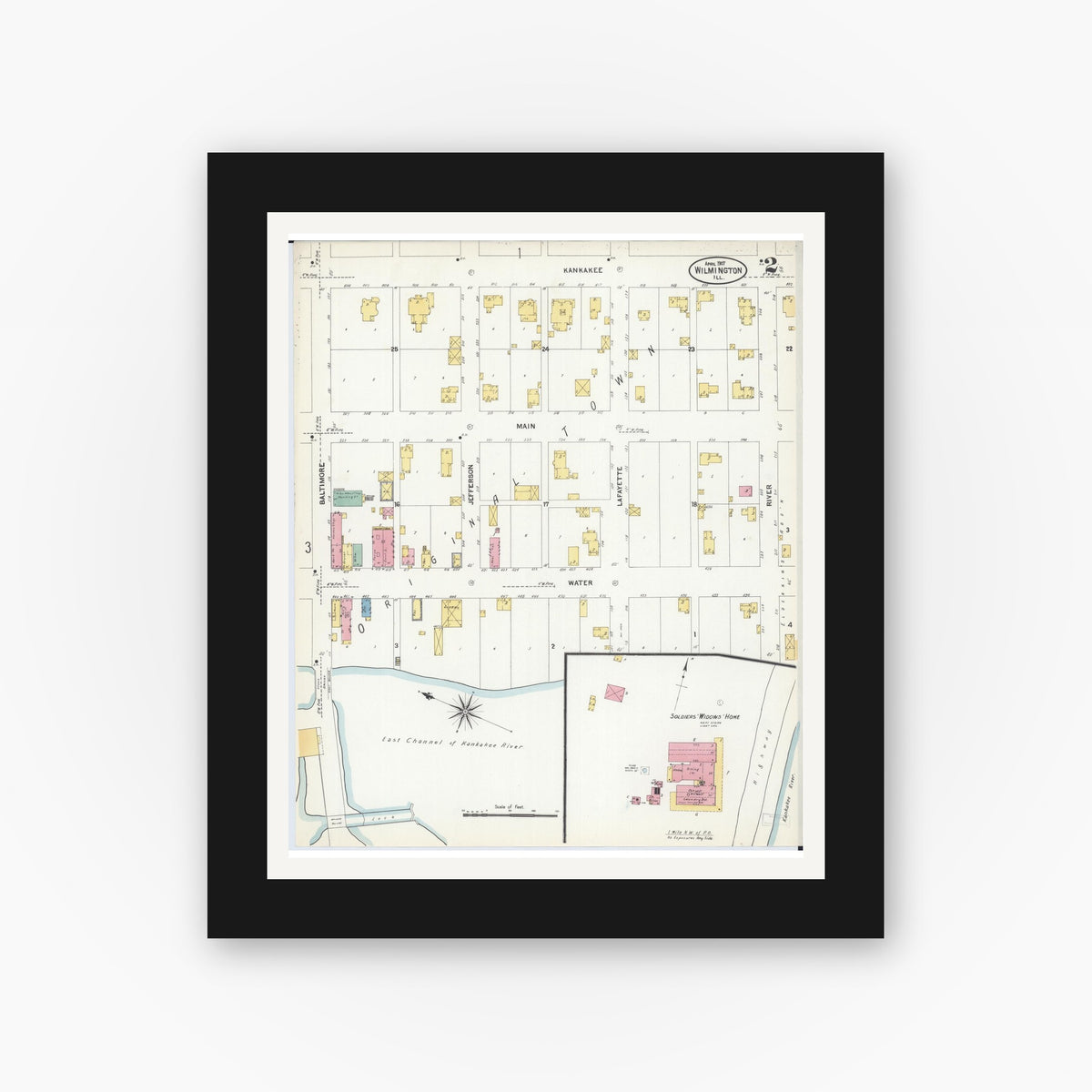 Old map wall art mockup — black gallery frame with white mat — Sanborn Fire Insurance Map from Wilmington, Will County, Illinois (1907), Sheet #0002