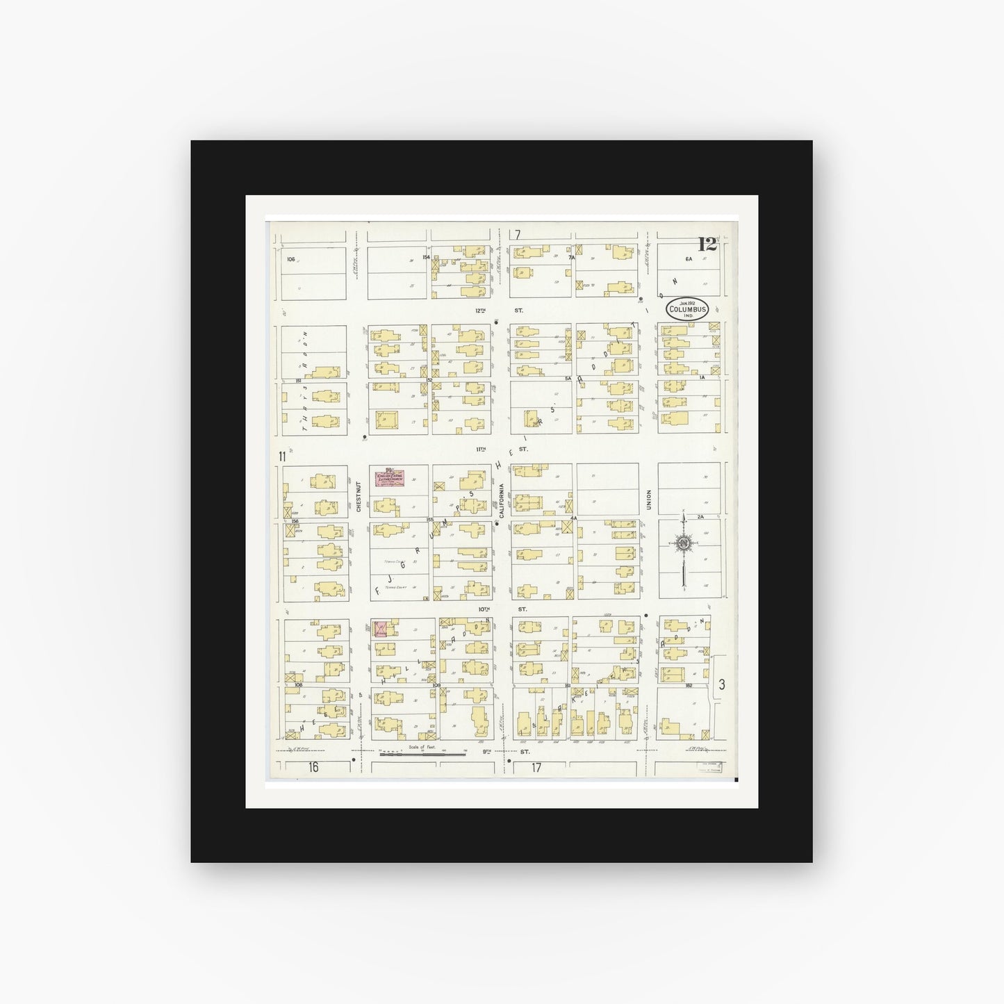 Old map wall art mockup — black gallery frame with white mat — Sanborn Fire Insurance Map from Columbus, Bartholomew County, Indiana (1912), Sheet #0012
