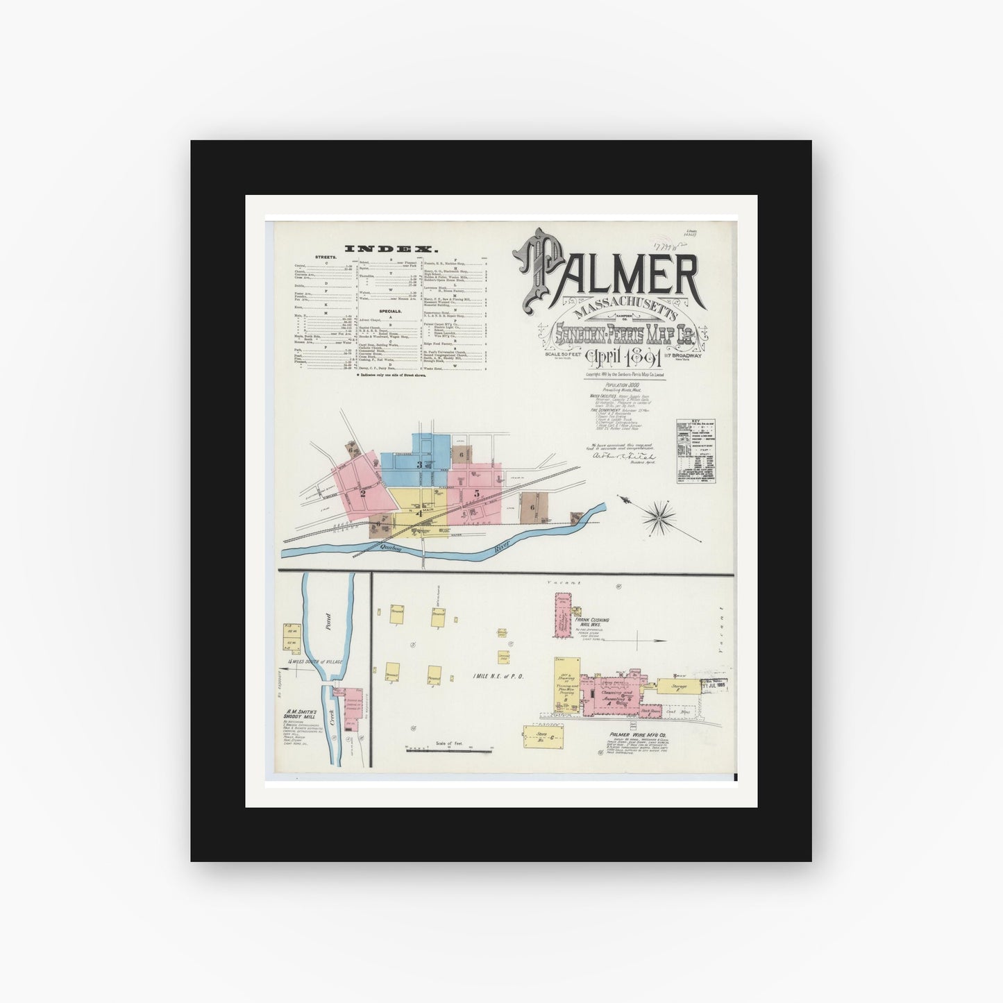 Old map wall art mockup — black gallery frame with white mat — Sanborn Fire Insurance Map from Palmer, Hampden County, Massachusetts (1891) - Complete Map Set