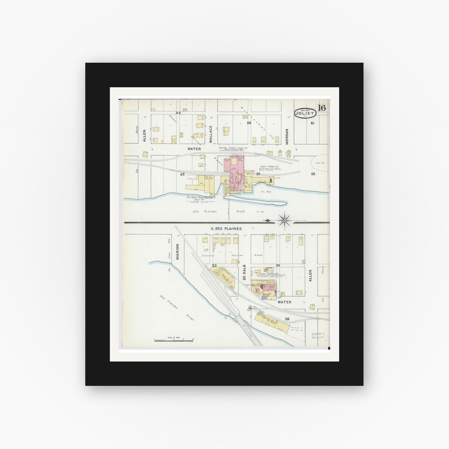 Old map wall art mockup — black gallery frame with white mat — Sanborn Fire Insurance Map from Joliet, Will County, Illinois (1891), Sheet #0016