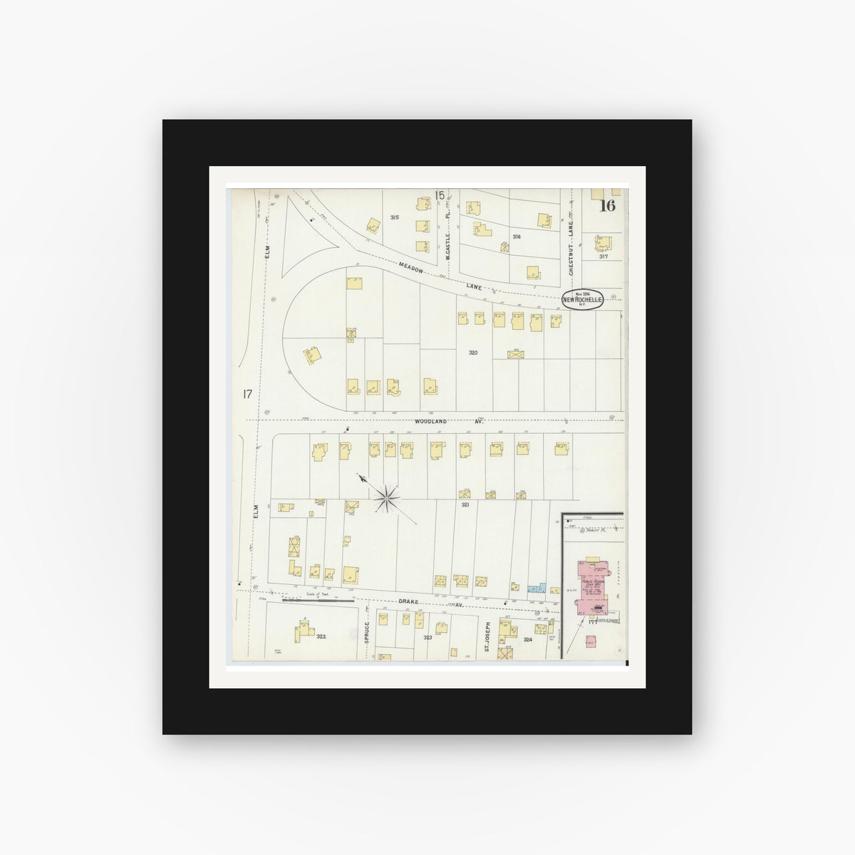 Old map wall art mockup — black gallery frame with white mat — Sanborn Fire Insurance Map from New Rochelle, Westchester County, New York (1896), Sheet #0016