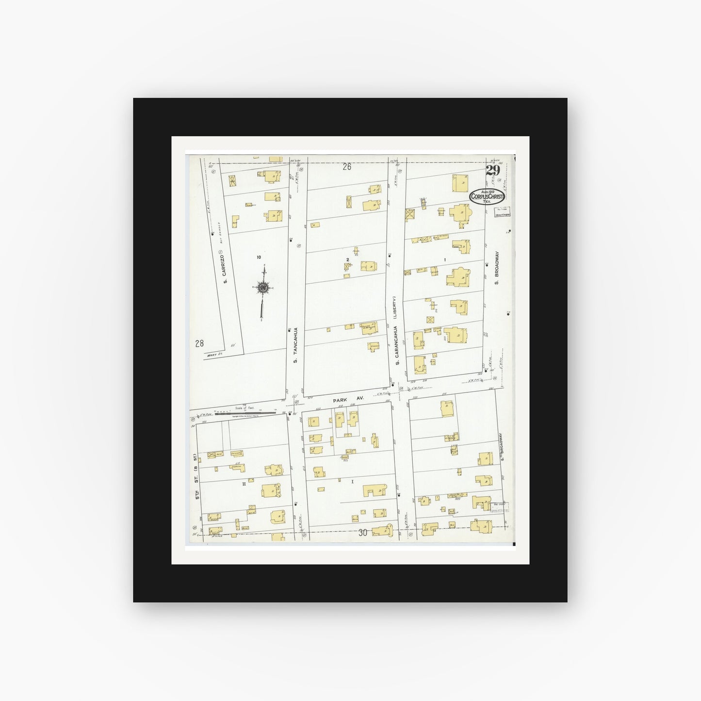 Old map wall art mockup — black gallery frame with white mat — Sanborn Fire Insurance Map from Corpus Christi, Nueces County, Texas (1919), Sheet #0029
