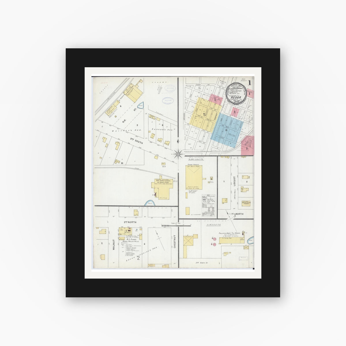 Old map wall art mockup — black gallery frame with white mat — Sanborn Fire Insurance Map from Neoga, Cumberland County, Illinois (1898) - Complete Map Set