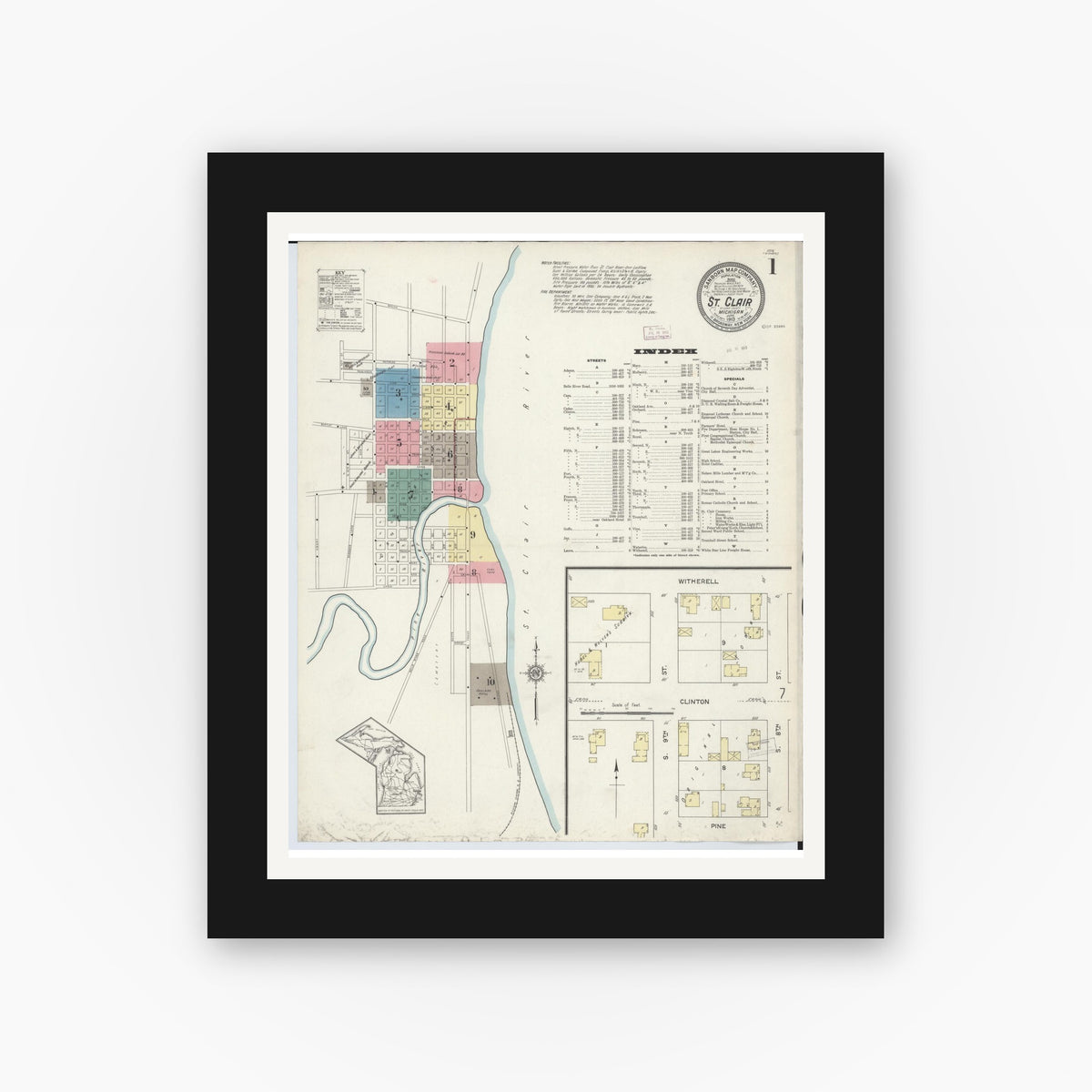Old map wall art mockup — black gallery frame with white mat — Sanborn Fire Insurance Map from Saint Clair, Saint Clair County, Michigan (1913), Sheet #0001