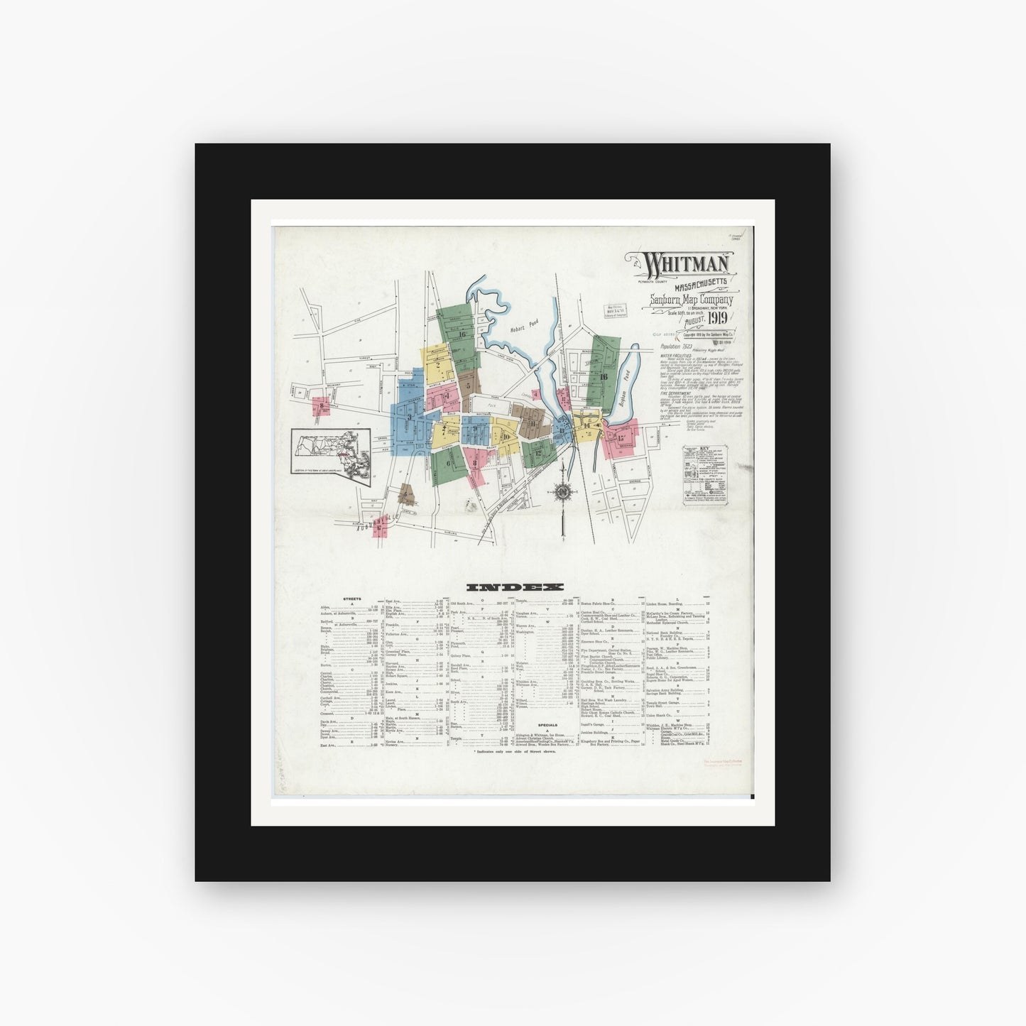 Old map wall art mockup — black gallery frame with white mat — Sanborn Fire Insurance Map from Whitman, Plymouth County, Massachusetts (1919) - Complete Map Set