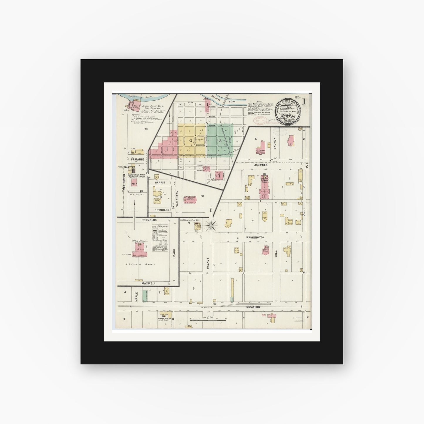 Old map wall art mockup — black gallery frame with white mat — Sanborn Fire Insurance Map from Newton, Jasper County, Illinois (1897) - Complete Map Set