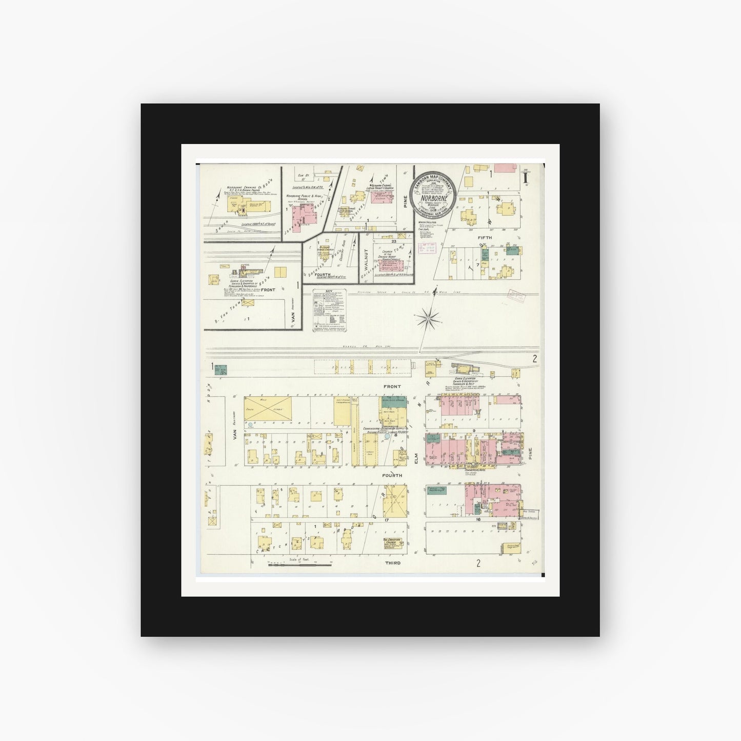 Old map wall art mockup — black gallery frame with white mat — Sanborn Fire Insurance Map from Norborne, Carroll County, Missouri (1909) - Complete Map Set