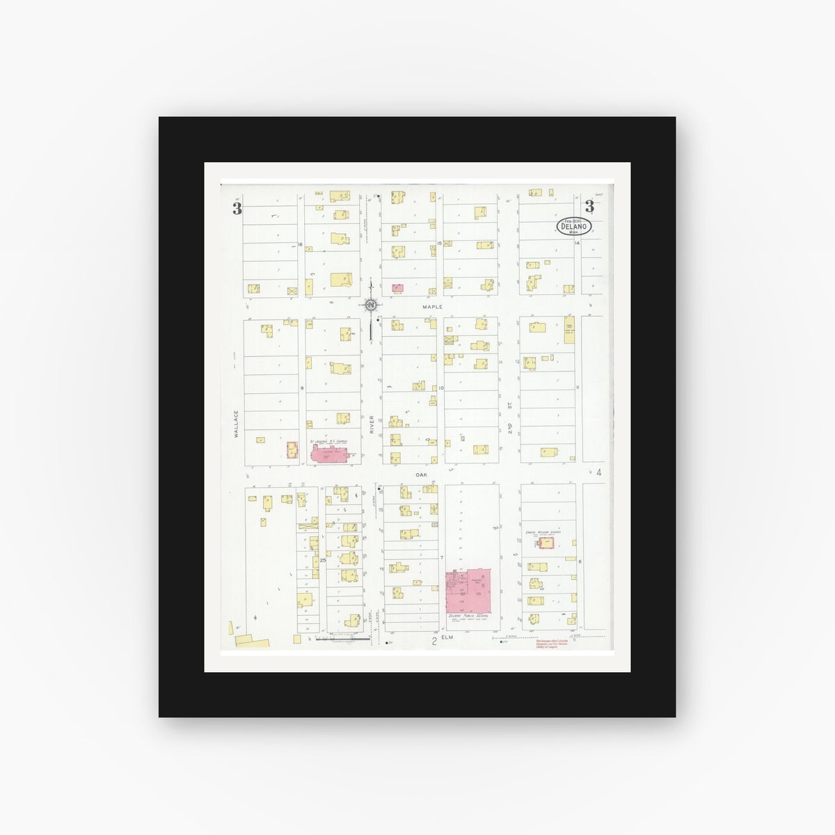Old map wall art mockup — black gallery frame with white mat — Sanborn Fire Insurance Map from Delano, Wright County, Minnesota (1930), Sheet #0003