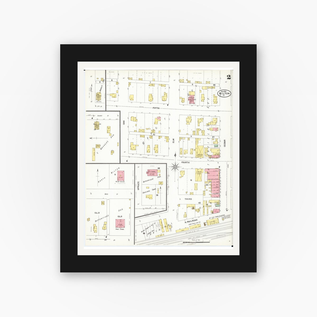 Old map wall art mockup — black gallery frame with white mat — Sanborn Fire Insurance Map from Wilton Junction, Muscatine County, Iowa (1901), Sheet #0002