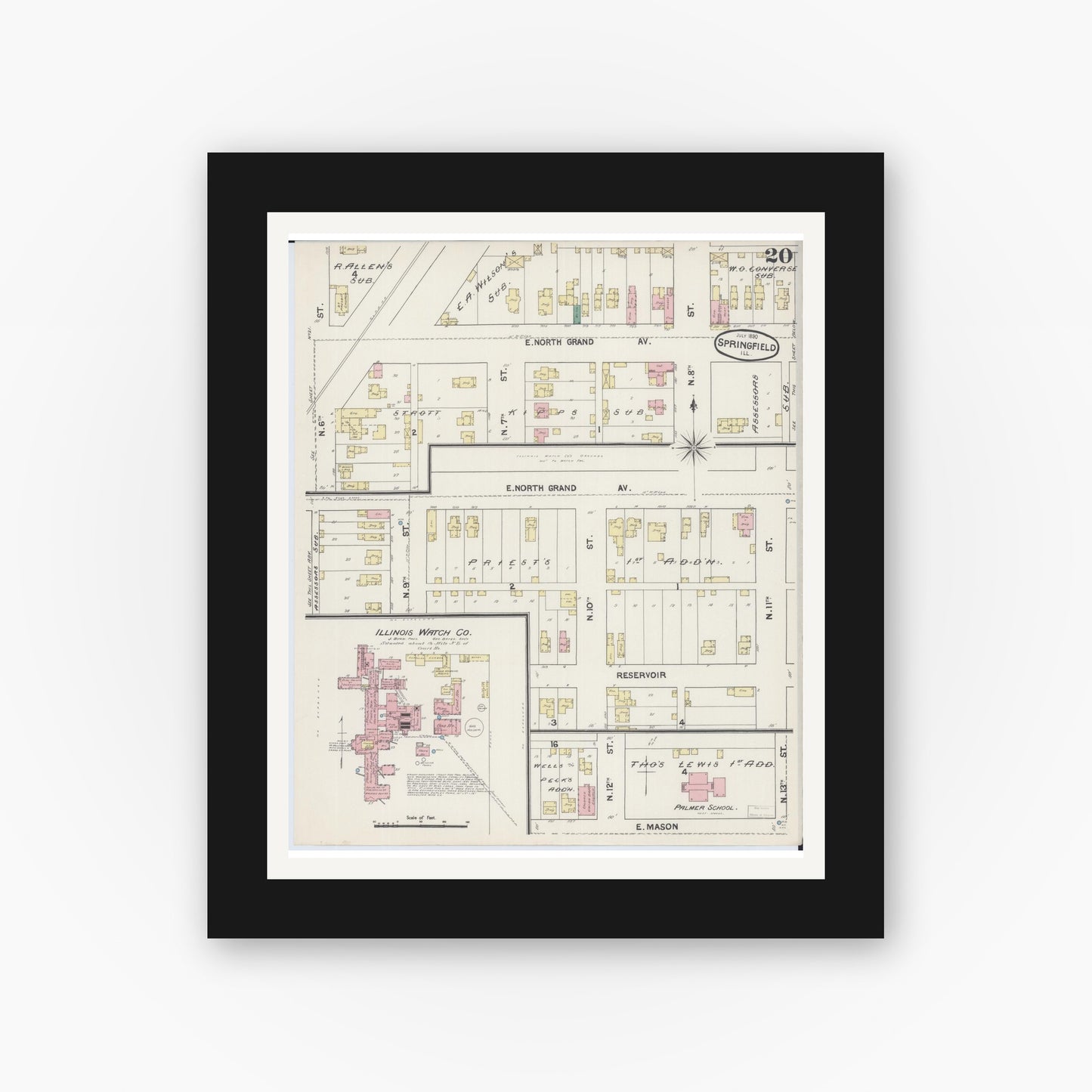 Old map wall art mockup — black gallery frame with white mat — Sanborn Fire Insurance Map from Springfield, Sangamon County, Illinois (1890), Sheet #0020