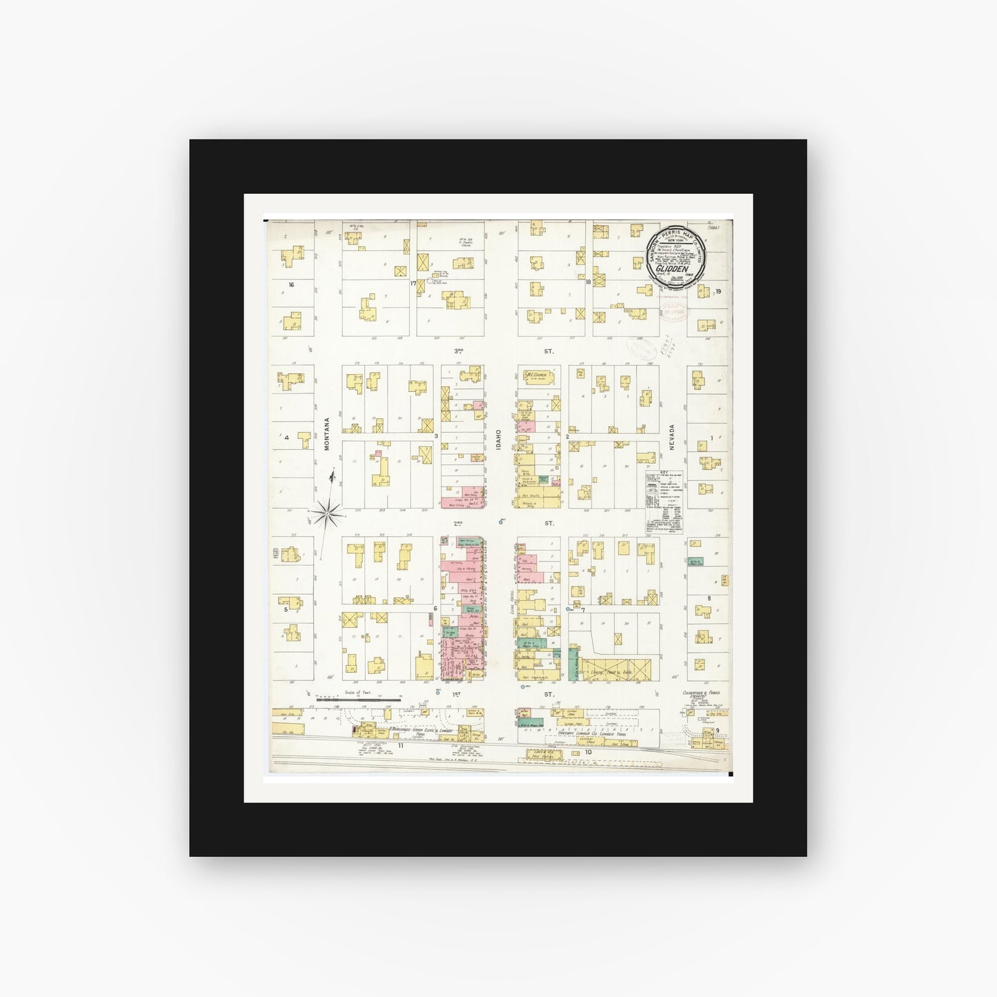 Old map wall art mockup — black gallery frame with white mat — Sanborn Fire Insurance Map from Glidden, Carroll County, Iowa (1898), Sheet #0001