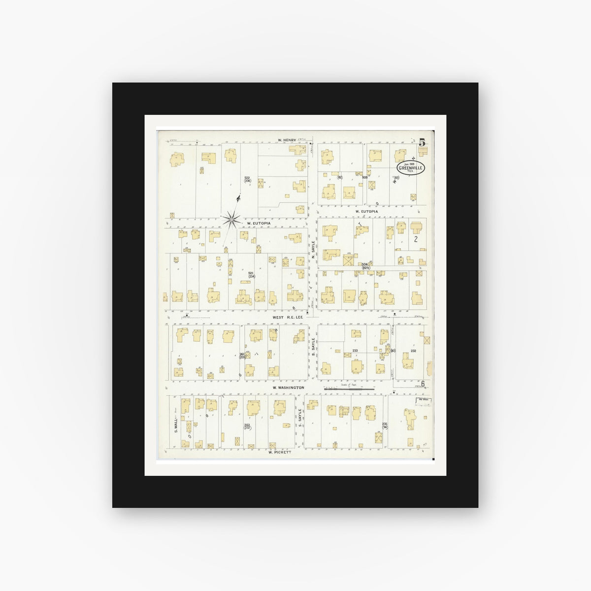 Old map wall art mockup — black gallery frame with white mat — Sanborn Fire Insurance Map from Greenville, Hunt County, Texas (1909), Sheet #0005