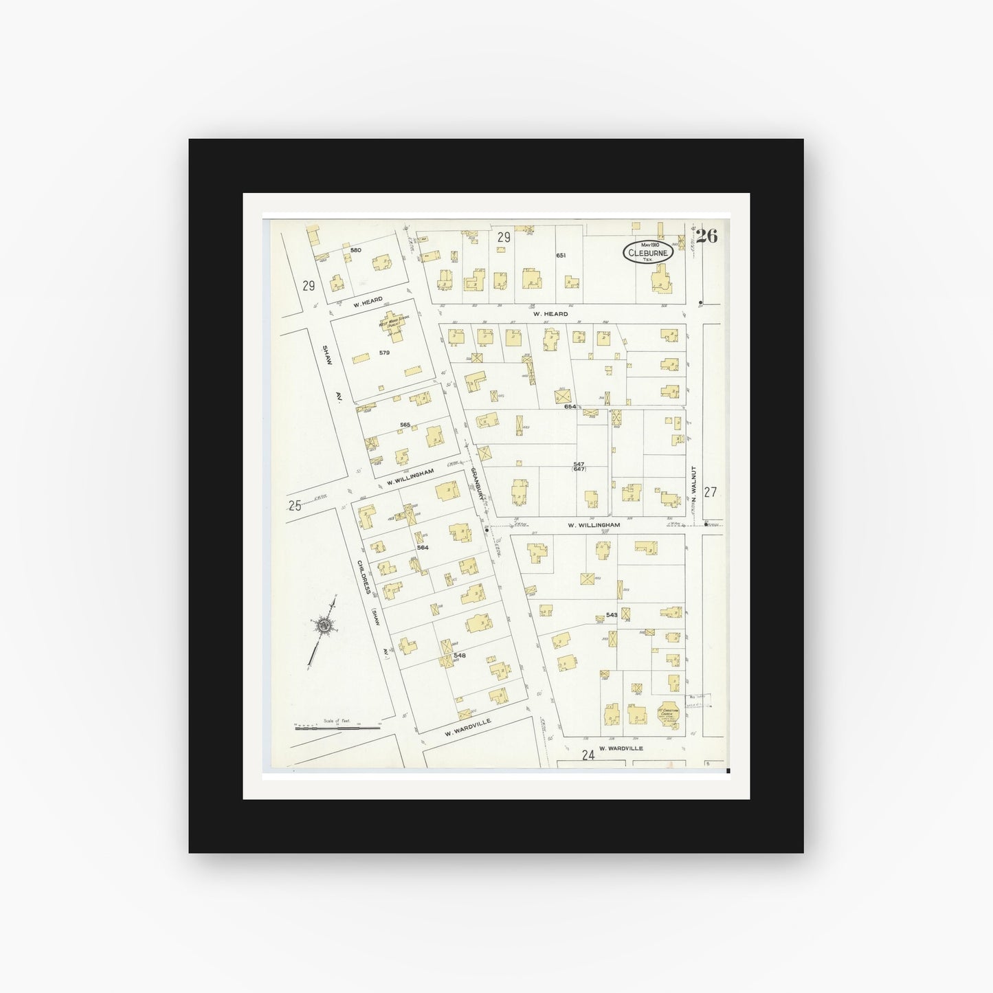 Old map wall art mockup — black gallery frame with white mat — Sanborn Fire Insurance Map from Cleburne, Johnson County, Texas (1910), Sheet #0026
