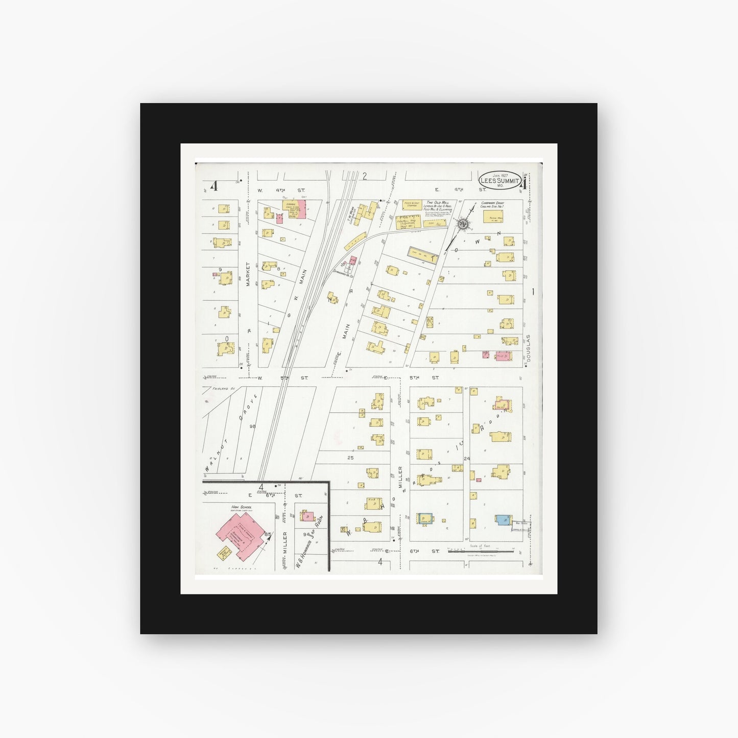 Old map wall art mockup — black gallery frame with white mat — Sanborn Fire Insurance Map from Lee's Summit, Jackson County, Missouri (1927), Sheet #0004