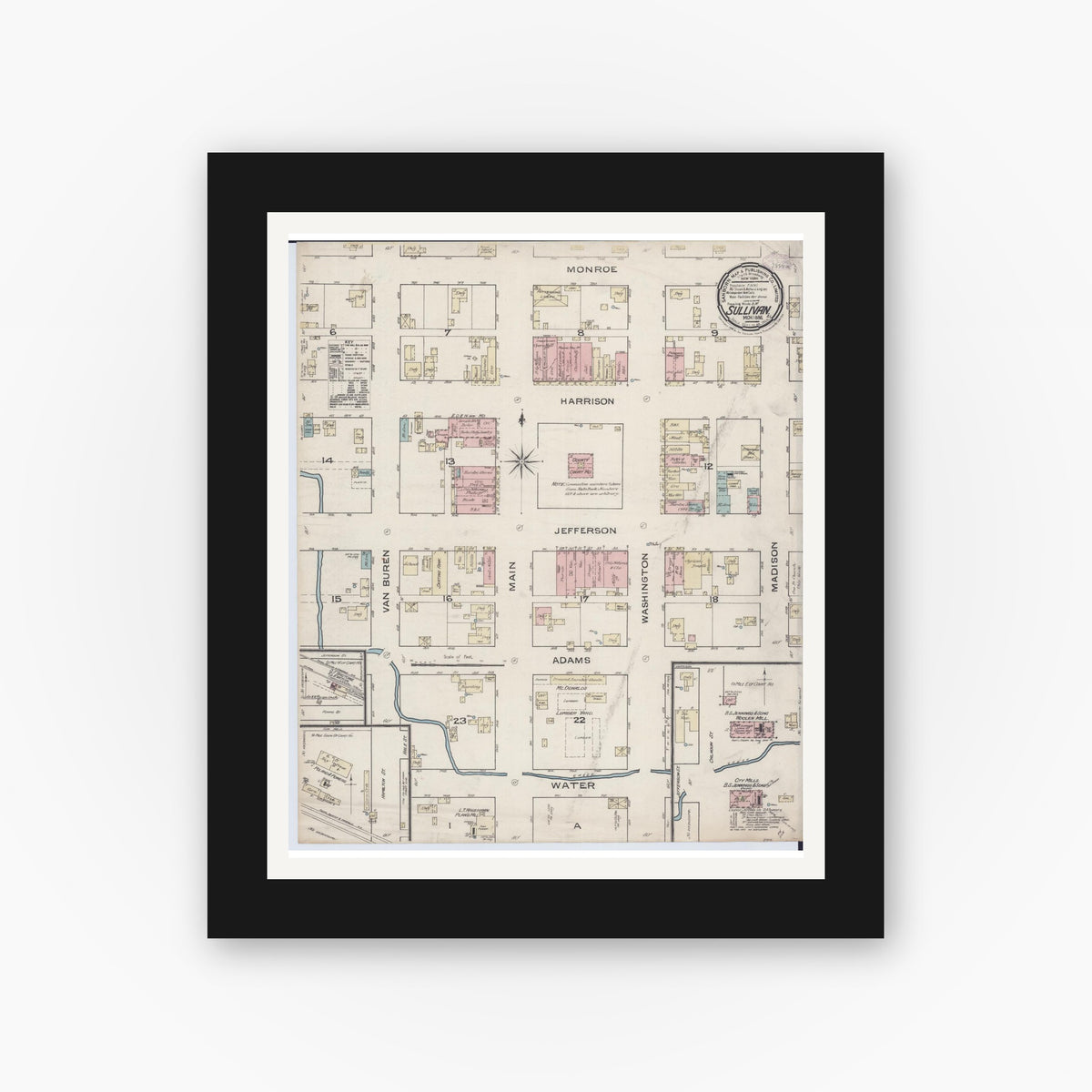 Old map wall art mockup β black gallery frame with white mat β Sanborn Fire Insurance Map from Sullivan, Moultrie County, Illinois (1886), Sheet #0001