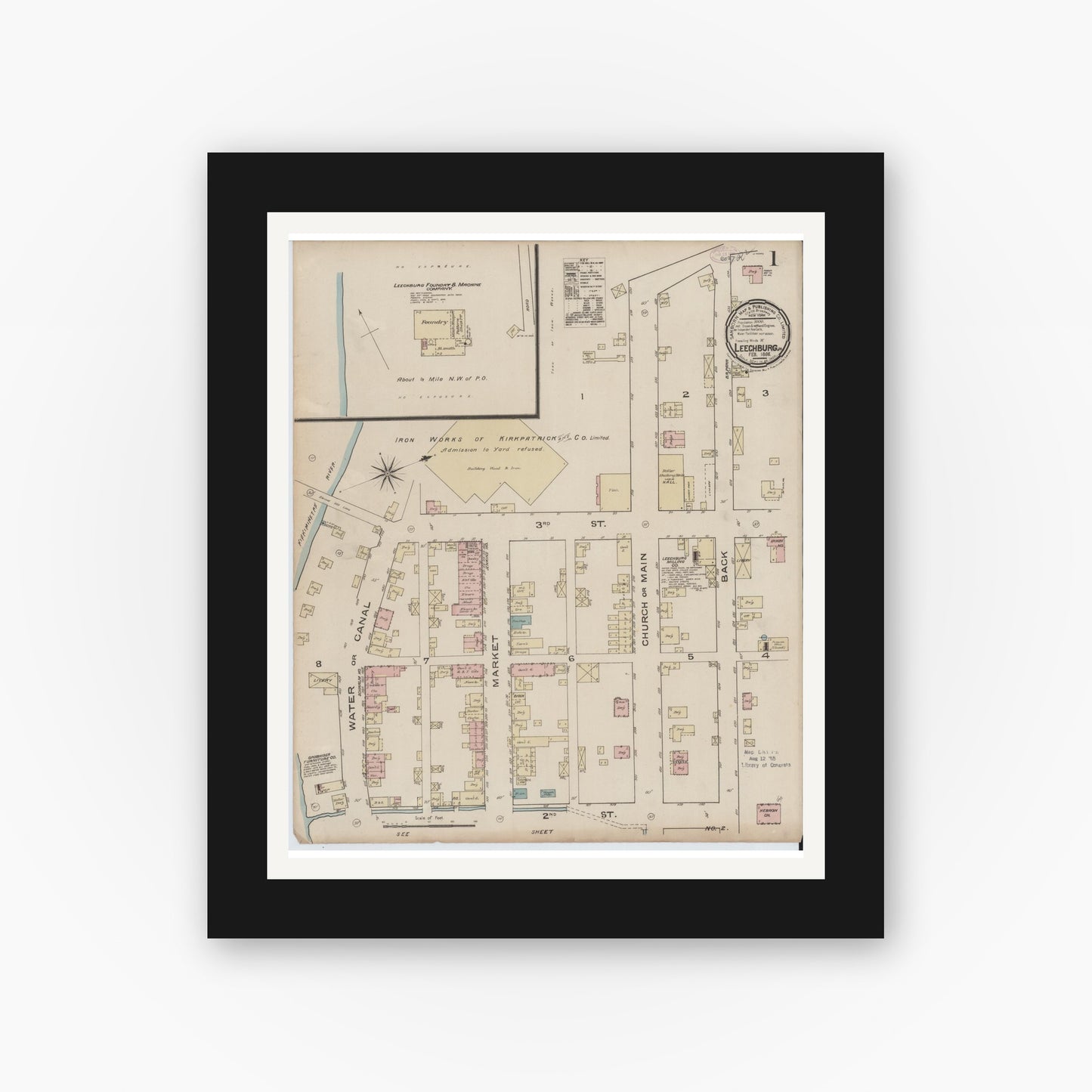 Old map wall art mockup — black gallery frame with white mat — Sanborn Fire Insurance Map from Leechburg, Armstrong County, Pennsylvania (1886) - Complete Map Set