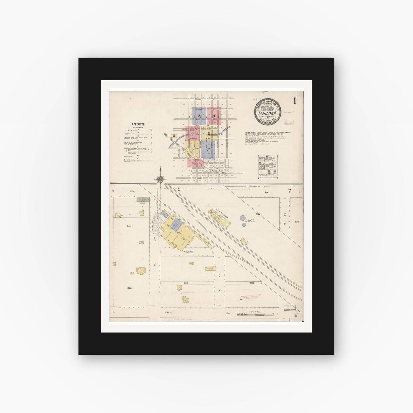 Old map wall art mockup — black gallery frame with white mat — Sanborn Fire Insurance Map from Glendora, Los Angeles County, California (1910) - Complete Map Set
