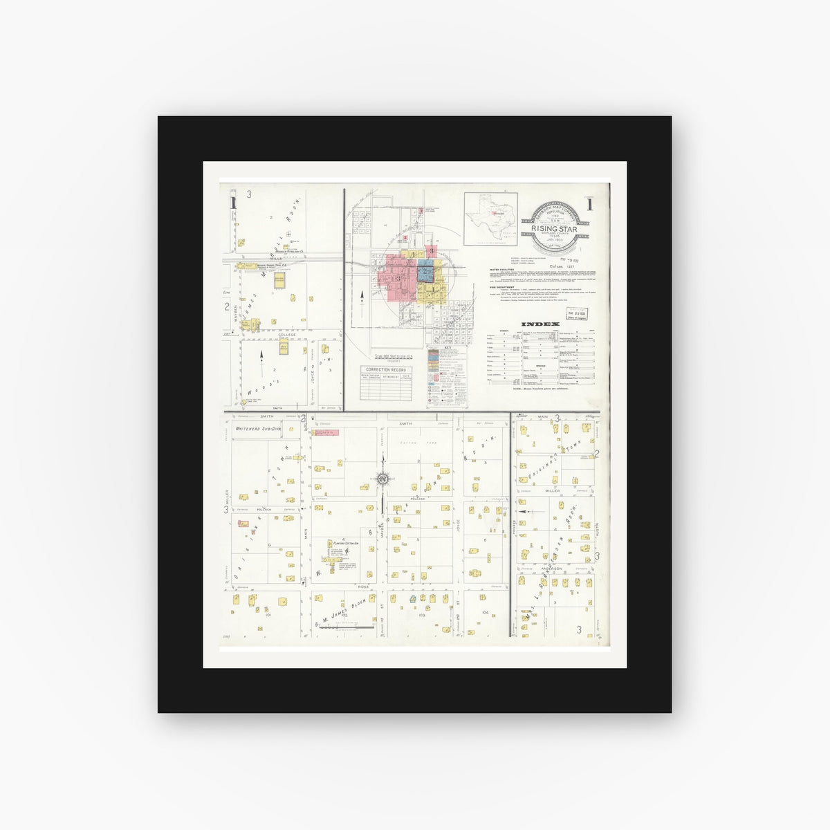 Old map wall art mockup — black gallery frame with white mat — Sanborn Fire Insurance Map from Rising Star, Eastland County, Texas (1933), Sheet #0001