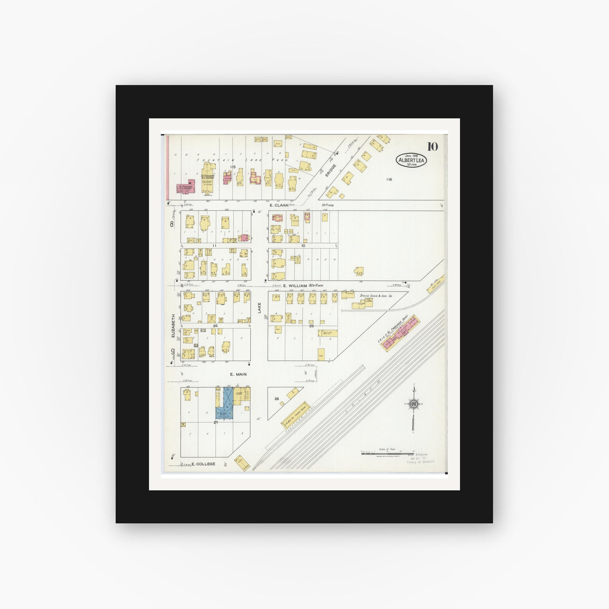 Old map wall art mockup — black gallery frame with white mat — Sanborn Fire Insurance Map from Albert Lea, Freeborn County, Minnesota (1918), Sheet #0010