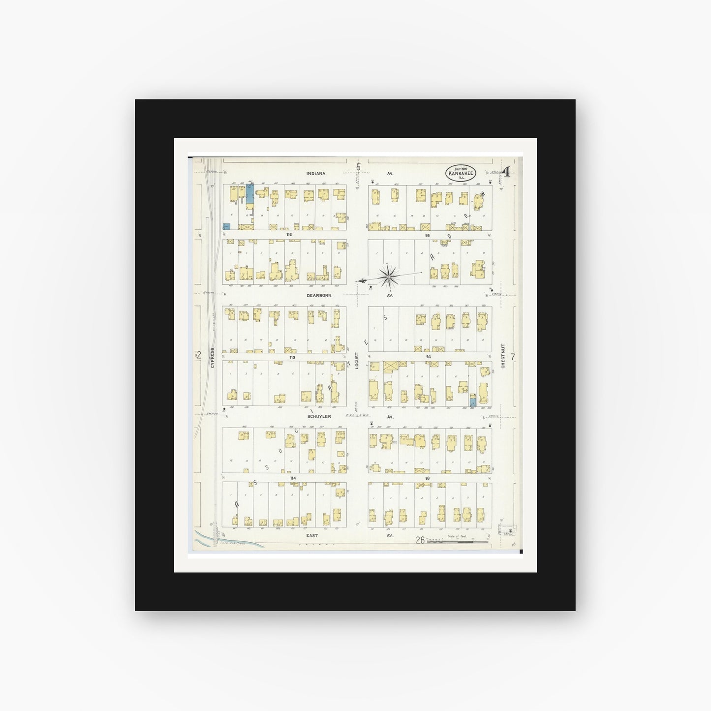 Old map wall art mockup — black gallery frame with white mat — Sanborn Fire Insurance Map from Kankakee, Kankakee County, Illinois (1907), Sheet #0004