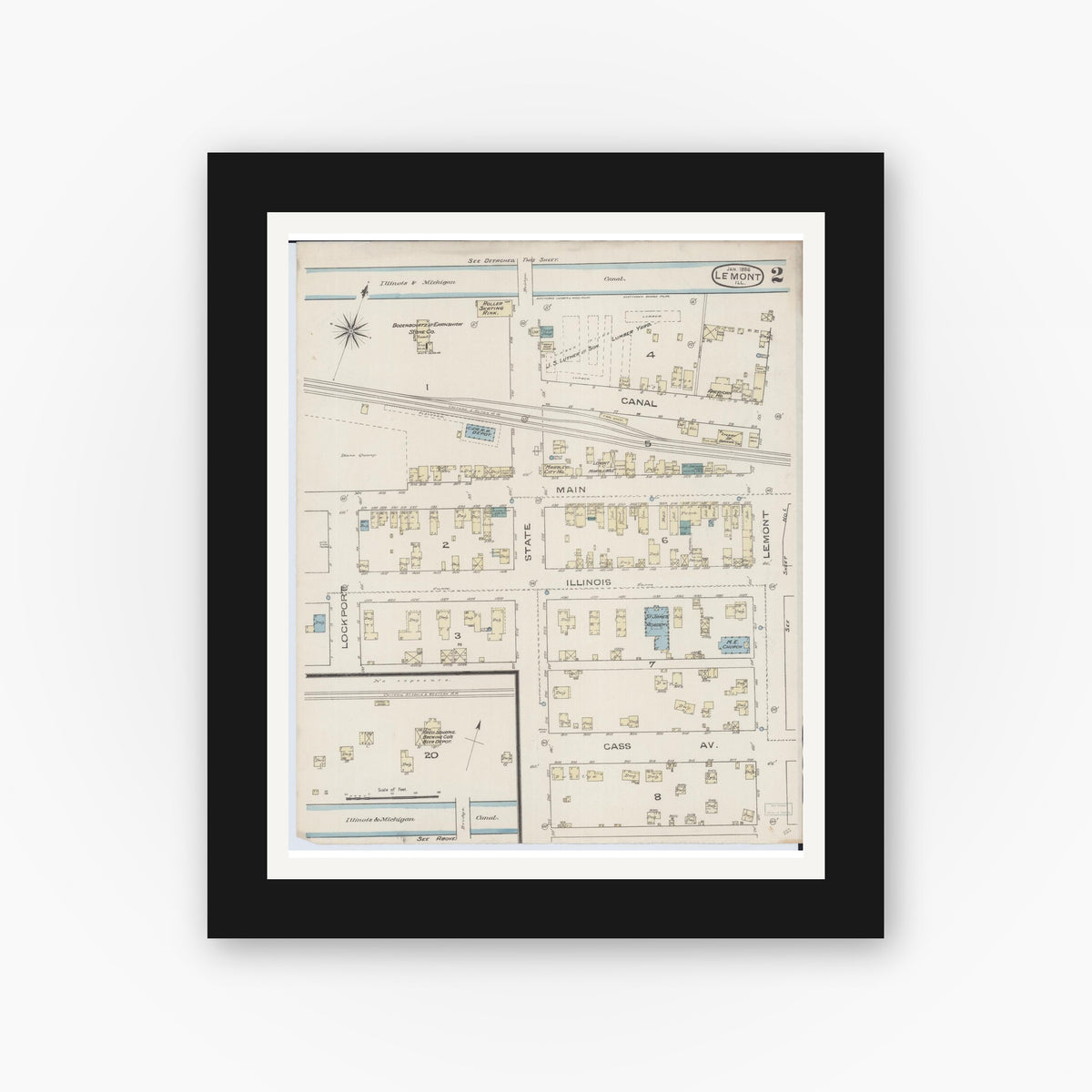 Old map wall art mockup — black gallery frame with white mat — Sanborn Fire Insurance Map from Lemont, Cook County, Illinois (1886), Sheet #0002