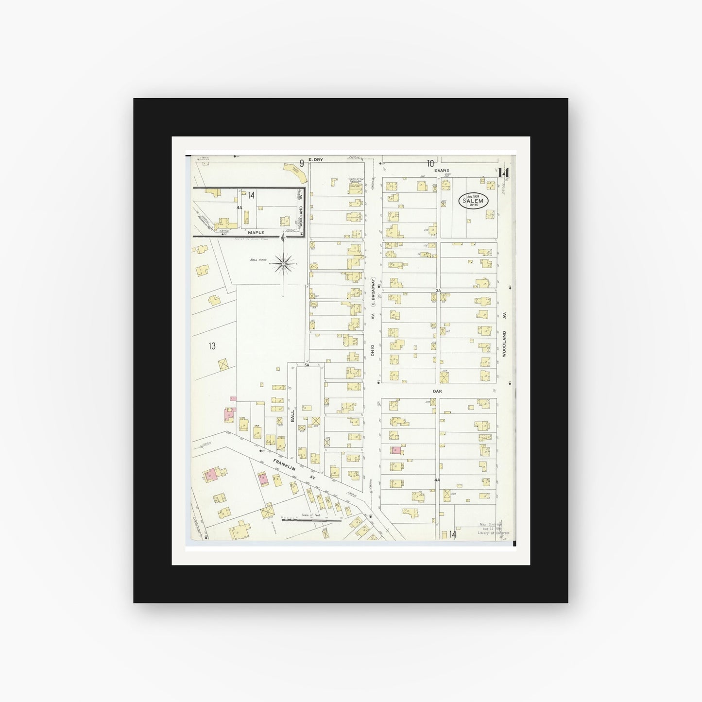 Old map wall art mockup — black gallery frame with white mat — Sanborn Fire Insurance Map from Salem, Columbiana County, Ohio (1909), Sheet #0014
