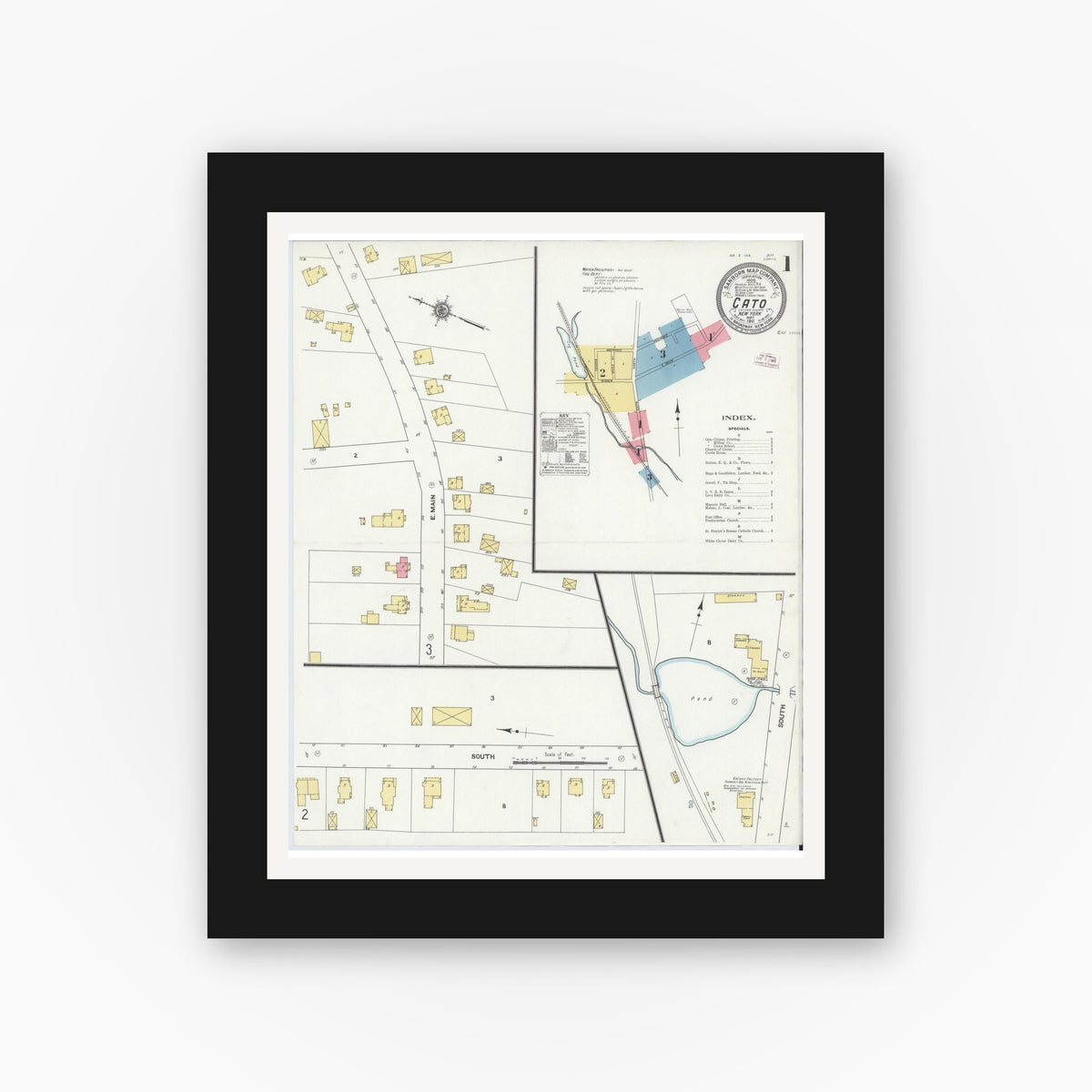 Old map wall art mockup — black gallery frame with white mat — Sanborn Fire Insurance Map from Cato, Cayuga County, New York (1911) - Complete Map Set