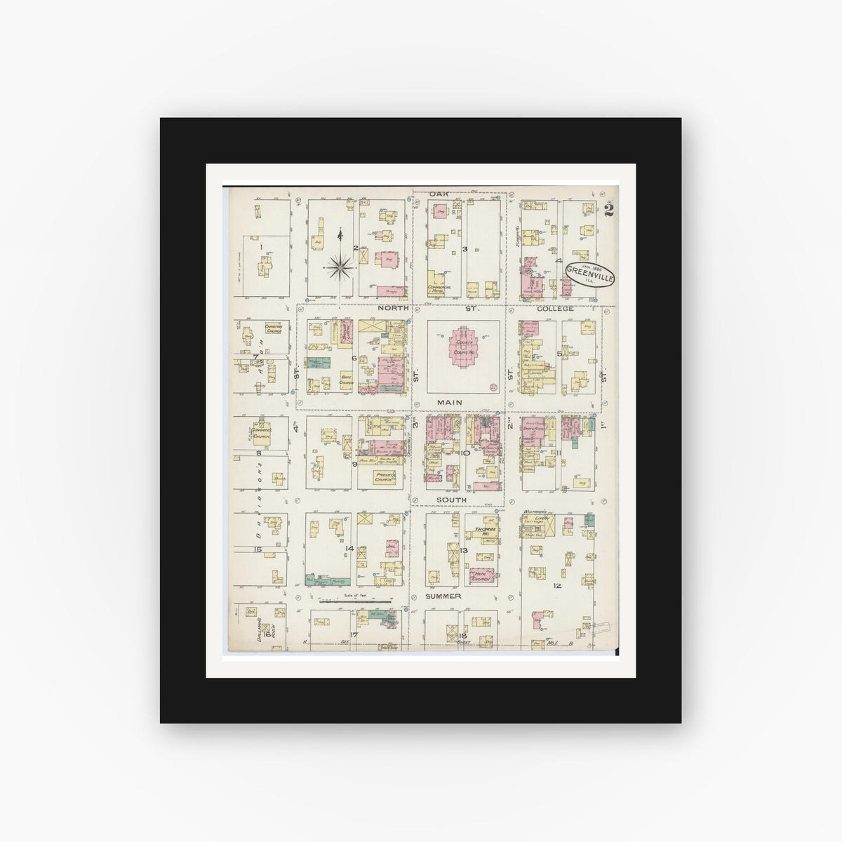 Old map wall art mockup — black gallery frame with white mat — Sanborn Fire Insurance Map from Greenville, Bond County, Illinois (1886), Sheet #0002