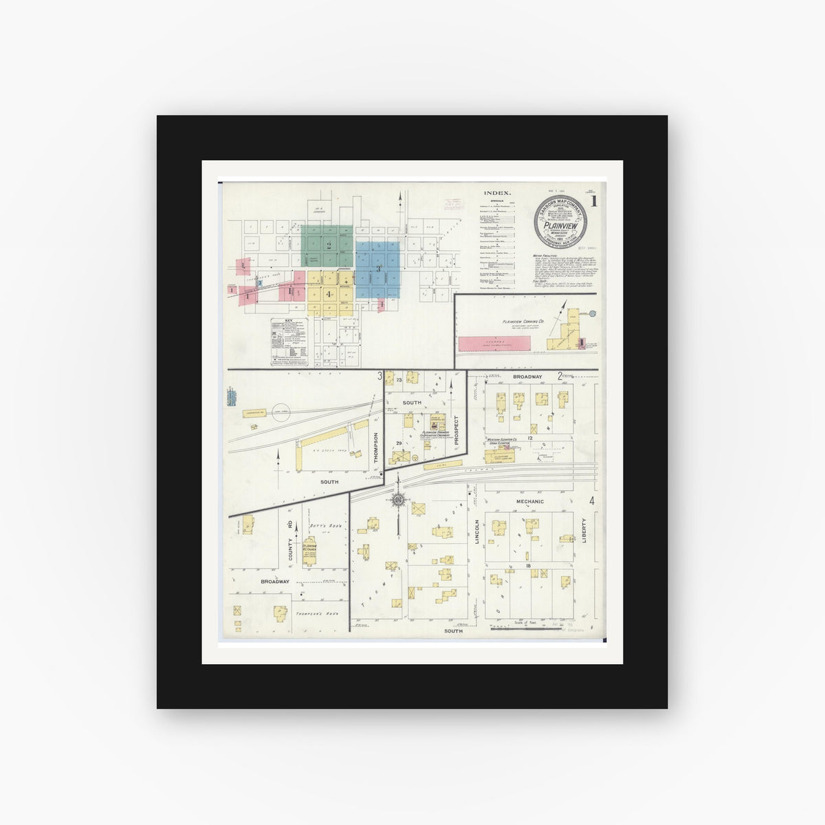 Old map wall art mockup — black gallery frame with white mat — Sanborn Fire Insurance Map from Plainview, Wabasha County, Minnesota (1911) - Complete Map Set